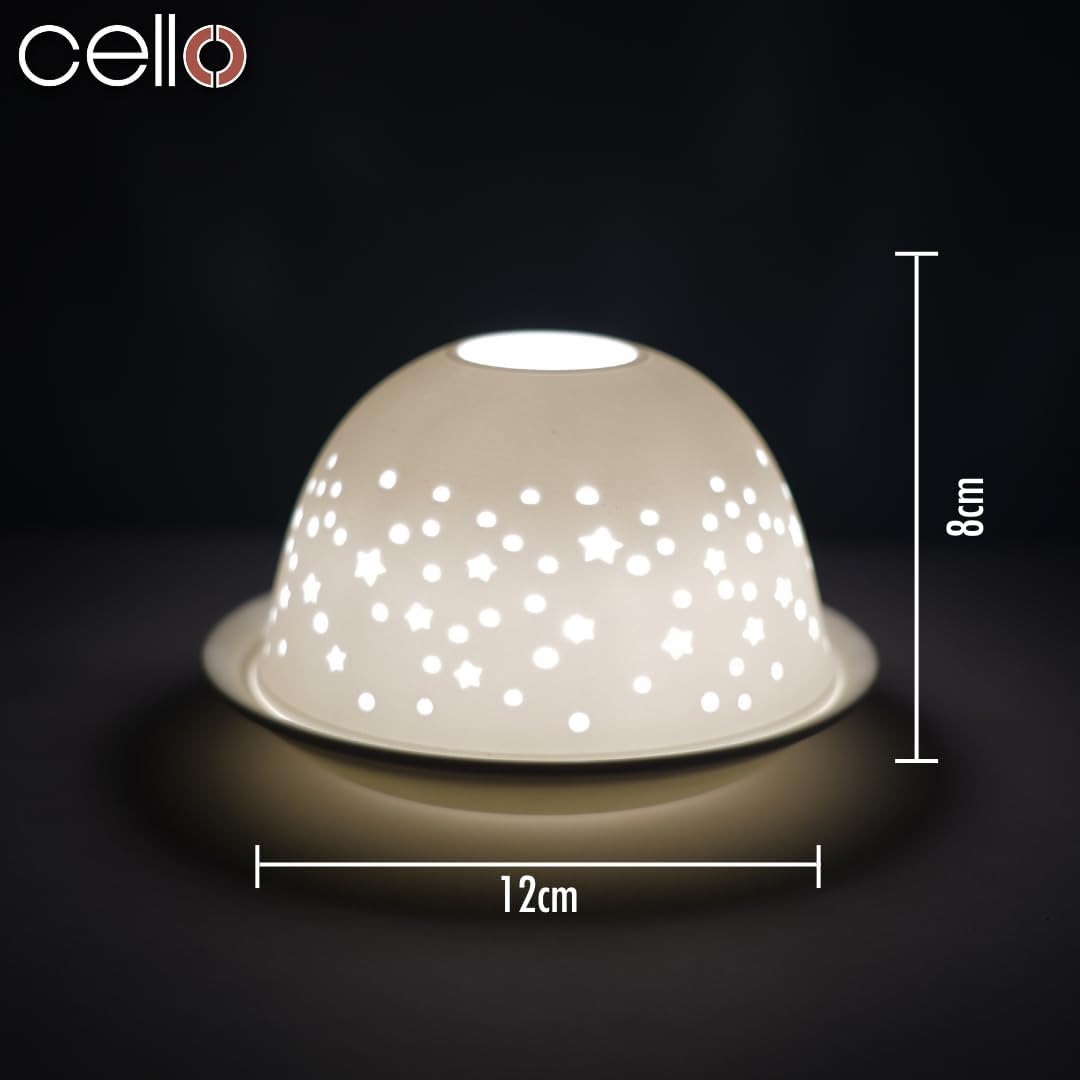Thumbnail 1 de Cello photophore en porcelaine de lithophane motif étoilé (dôme et base pour bougie chauffe-plat ou LED)