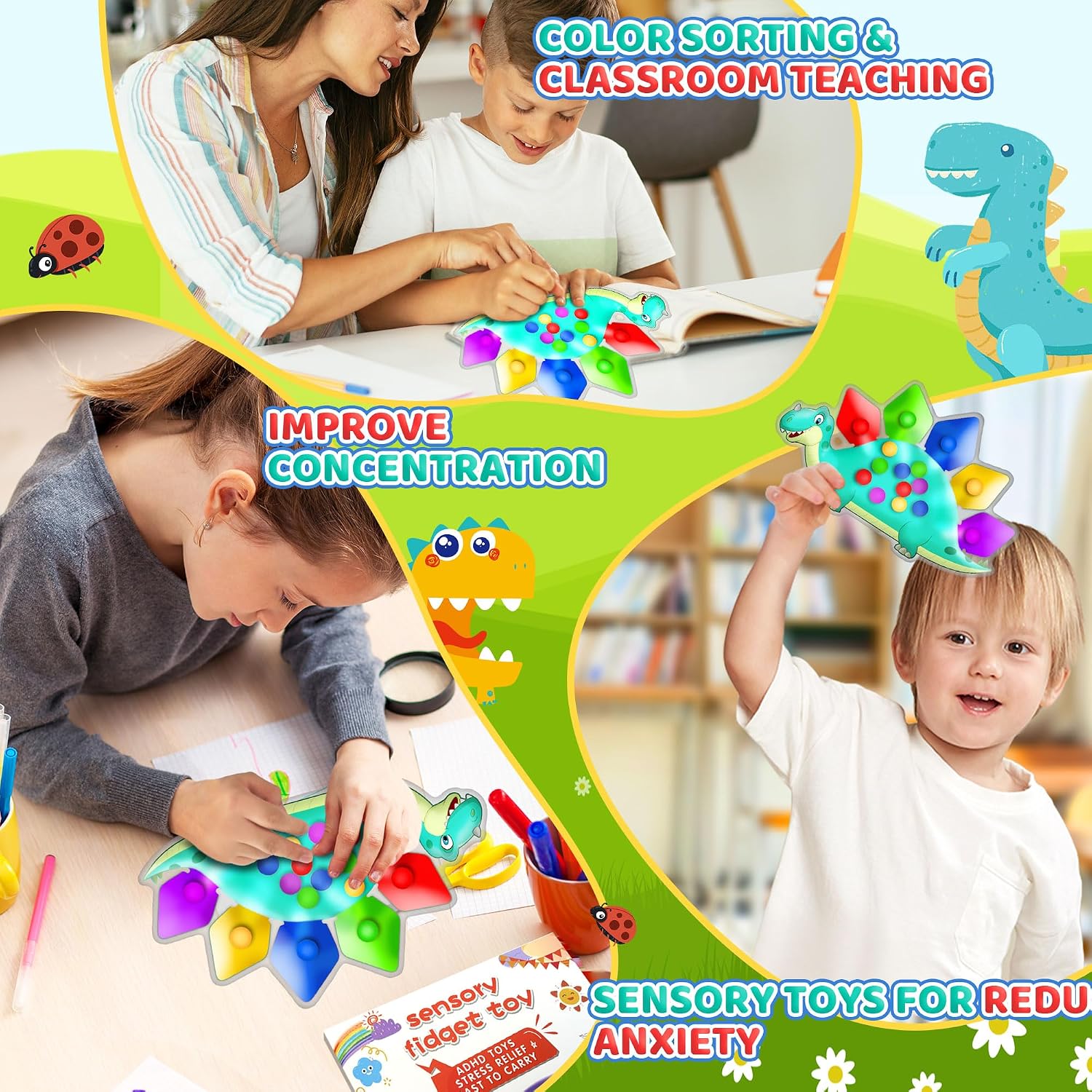 Detalle de UIIOPJIOM UF260405 Dinosaur Color-Sorting Sensory Toy, 4-Piece Plastic Set