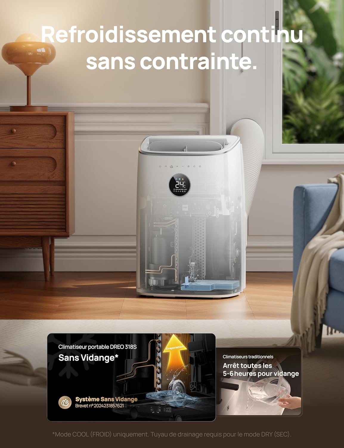 Detalle de DREO climatiseur mobile AC318S 7500 BTU 3-en-1 : refroidissement, ventilation et déshumidification sans drainage