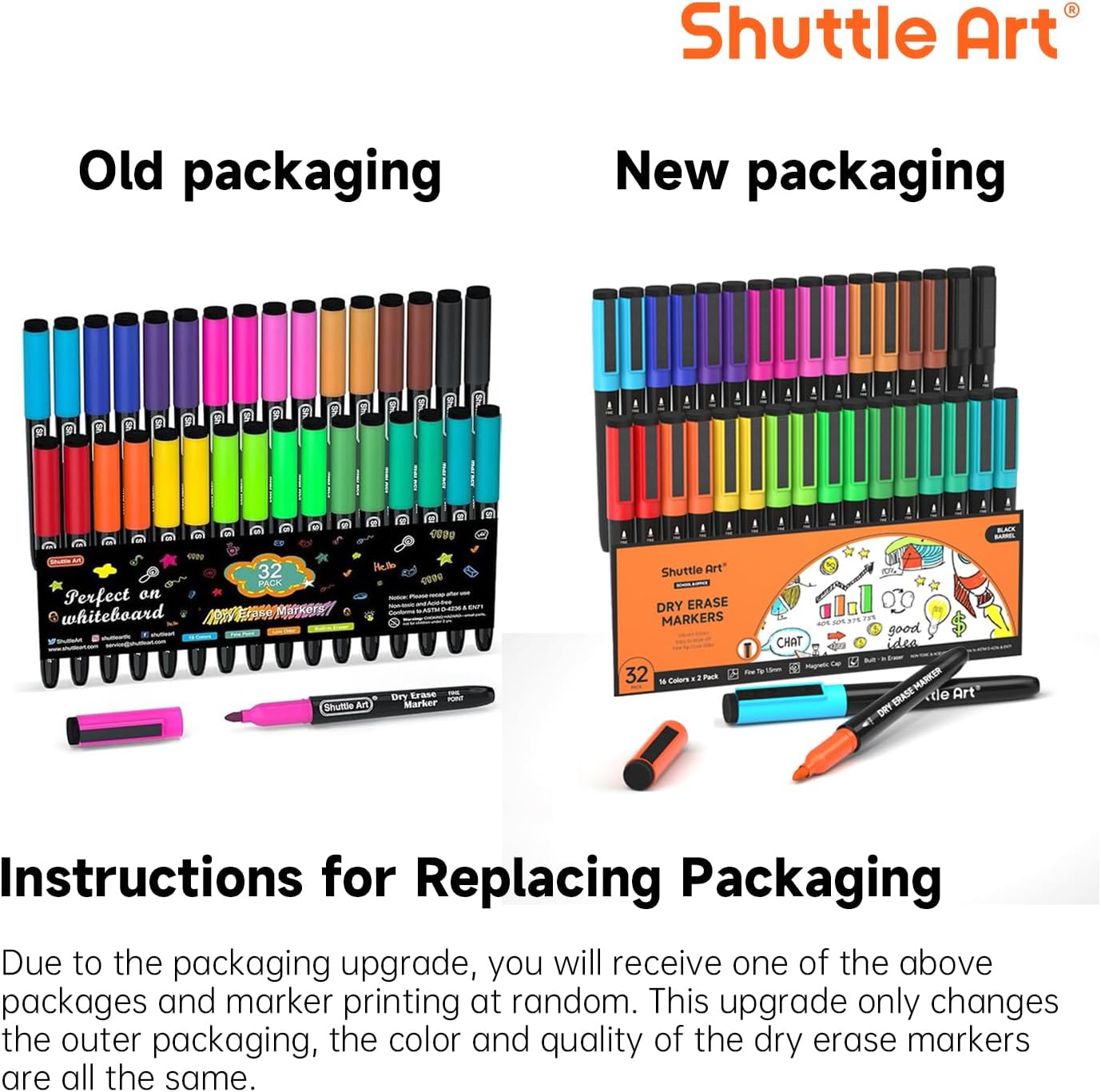 Detalle 2 de Shuttle Art SADEM-C16*2-black barrel Dry Erase Markers, 32-Pack, 16 Colors