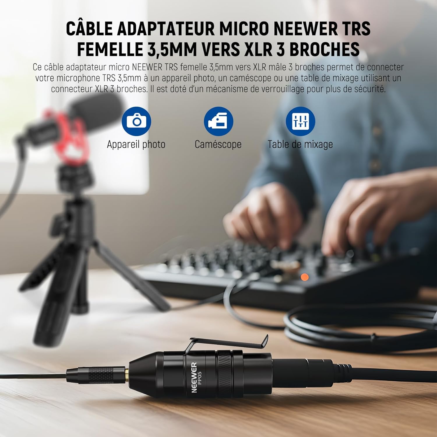 Detalle 2 de NEEWER PP05 : adaptateur audio TRS 3,5 mm vers XLR 3 broches avec conversion d’alimentation