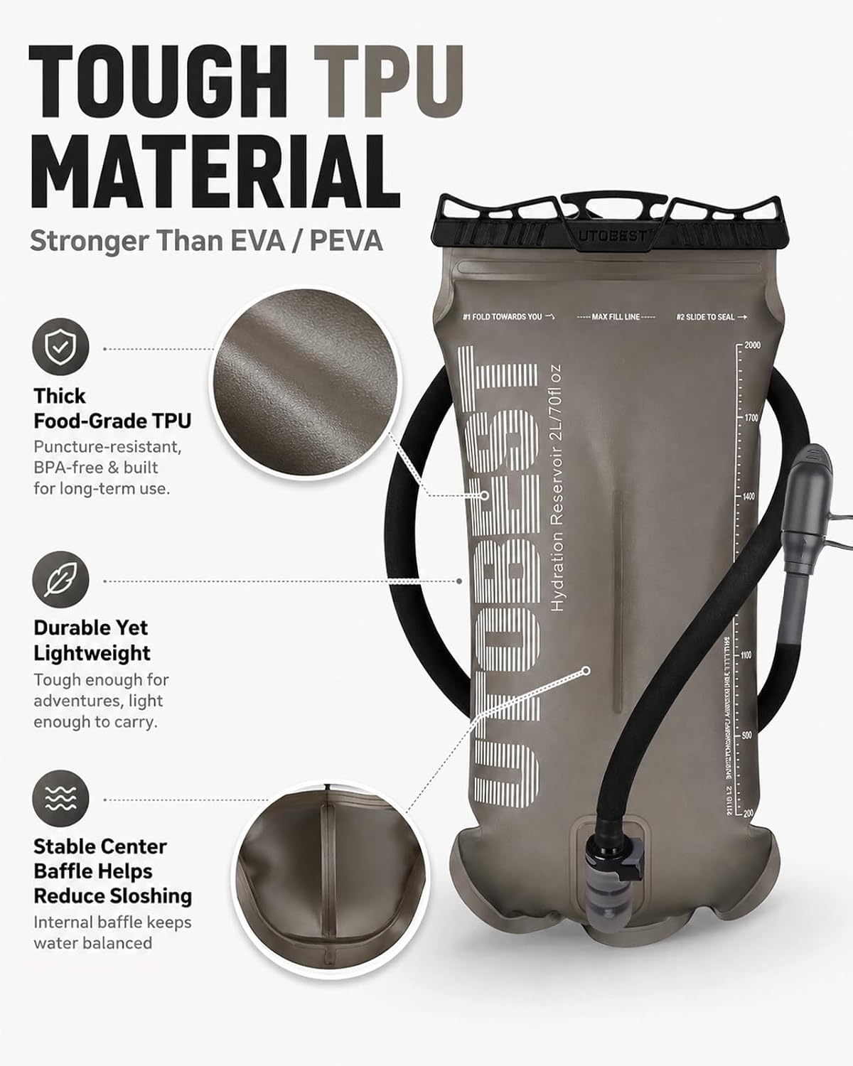 Detalle 2 de UTOBEST Water Bladder 1.5L–3L: Durable TPU Hydration Reservoir for Outdoor Activities