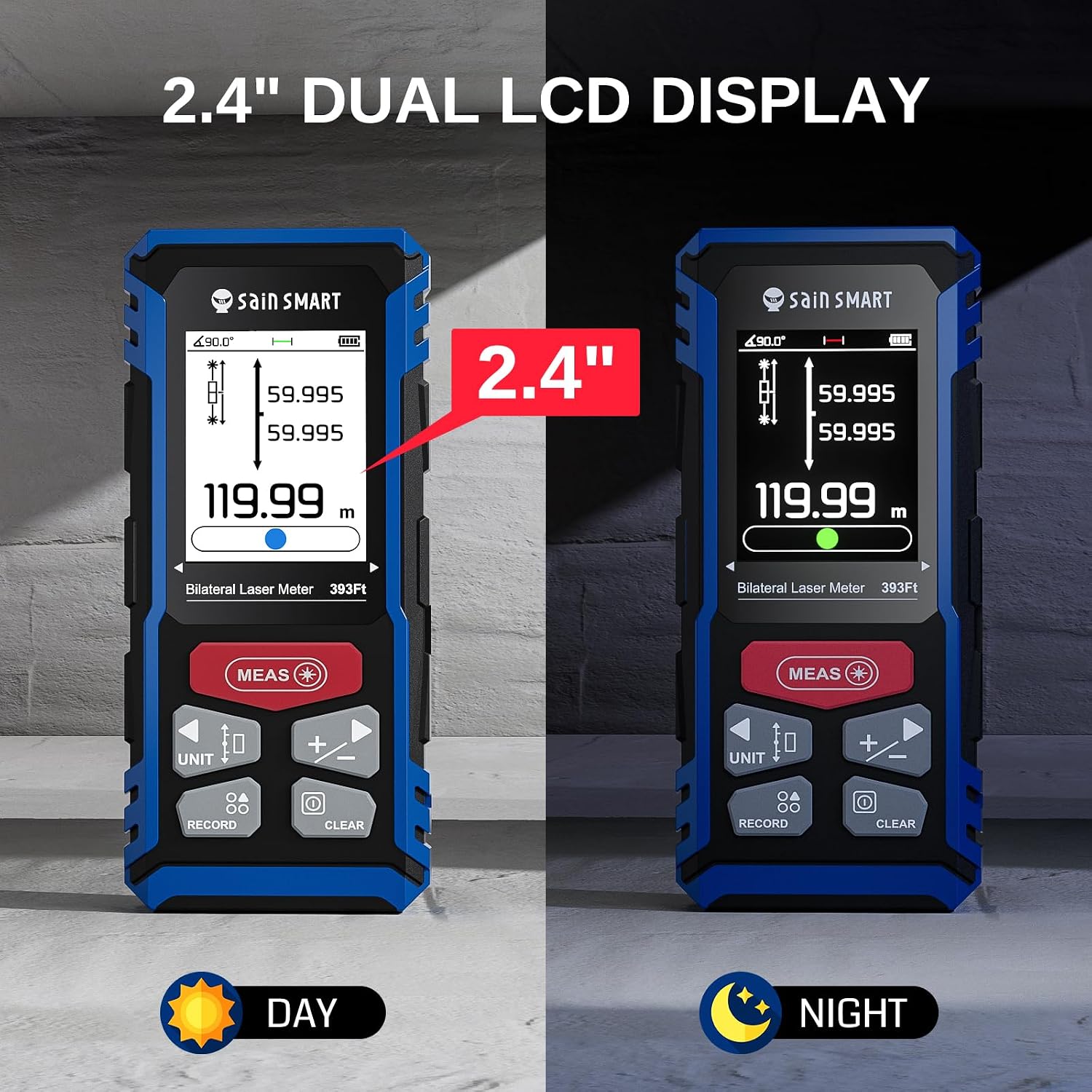 Detalle de SainSmart misuratore laser doppio ricaricabile fino a 120 m con LCD retroilluminato e misure area/volume/angolo