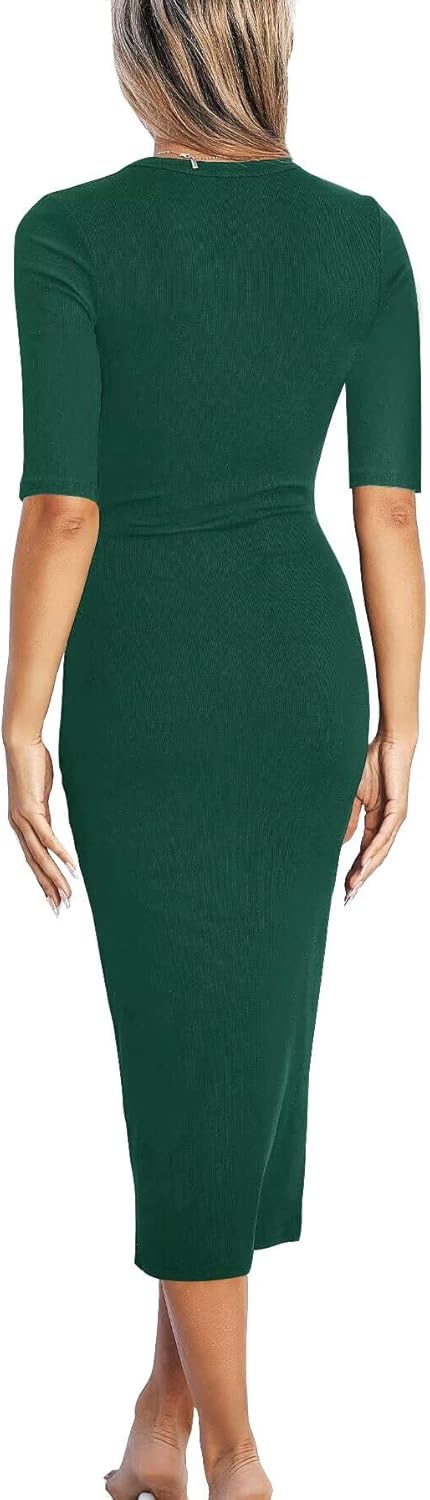 Thumbnail 2 de LACOZY Womens Ribbed Midi Bodycon Dress – Short Sleeve Ruched Pencil Wedding Guest Dress