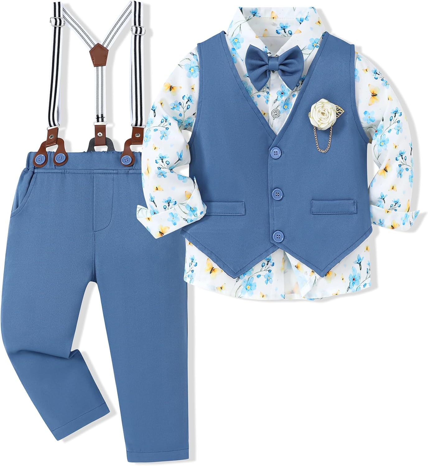 Detalle de WESIDOM Toddler Boy Formal Suit Set: Dress Shirt, Bowtie, Vest, Boutonniere, Suspender Pants