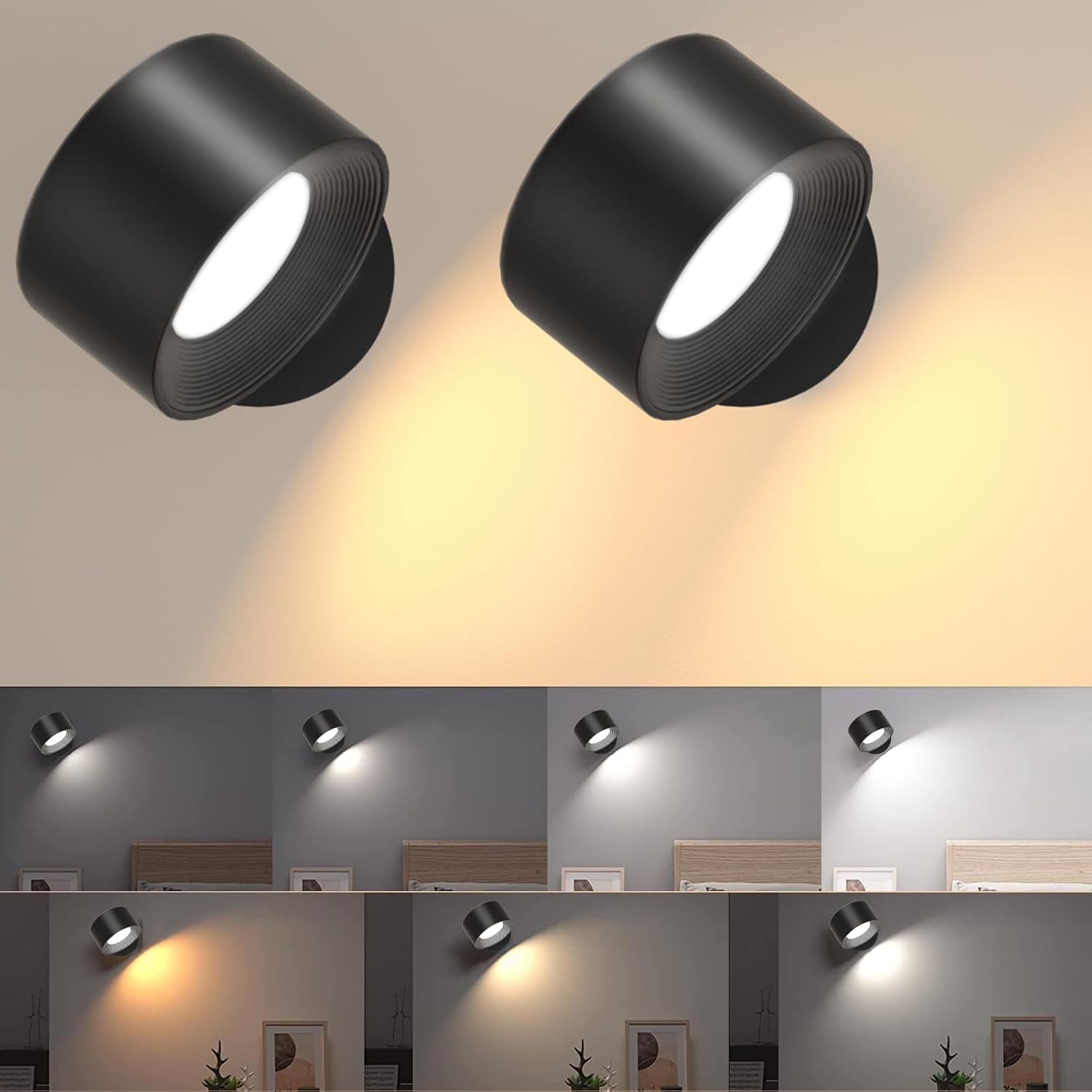 Thumbnail 6 de led wandleuchte innen 2 Stück,wandlampe Wandlichter ohne stromanschluss ,4 Helligkeitsstufen 3 Farbmodi Nachttischlampe akku , 360° Drehbare Touch Control Leuchten Für Kinder Wohnzimmer Schlafzimmer