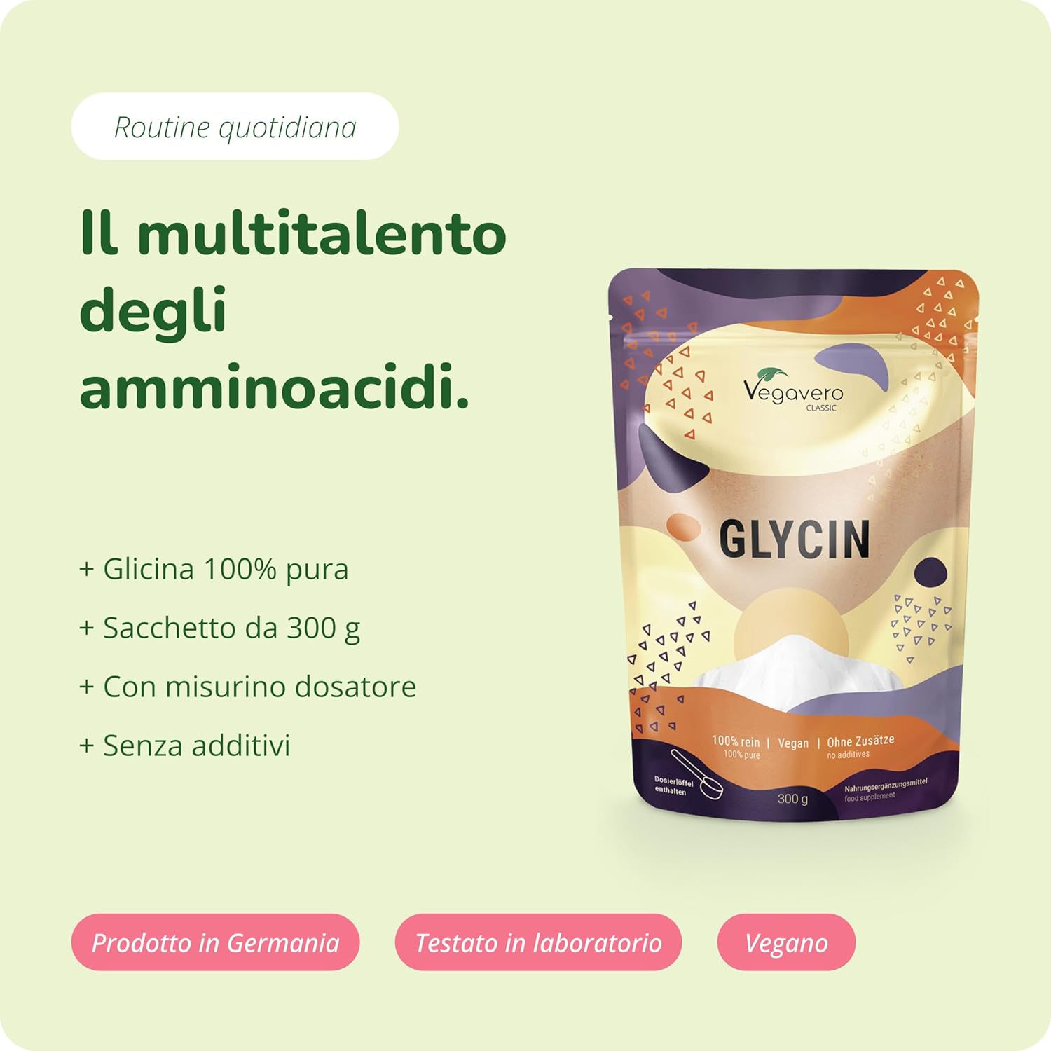 Thumbnail 1 de Glicina Vegavero® 300 g in polvere (L-Glicina 100% pura) con misurino, senza additivi, vegan