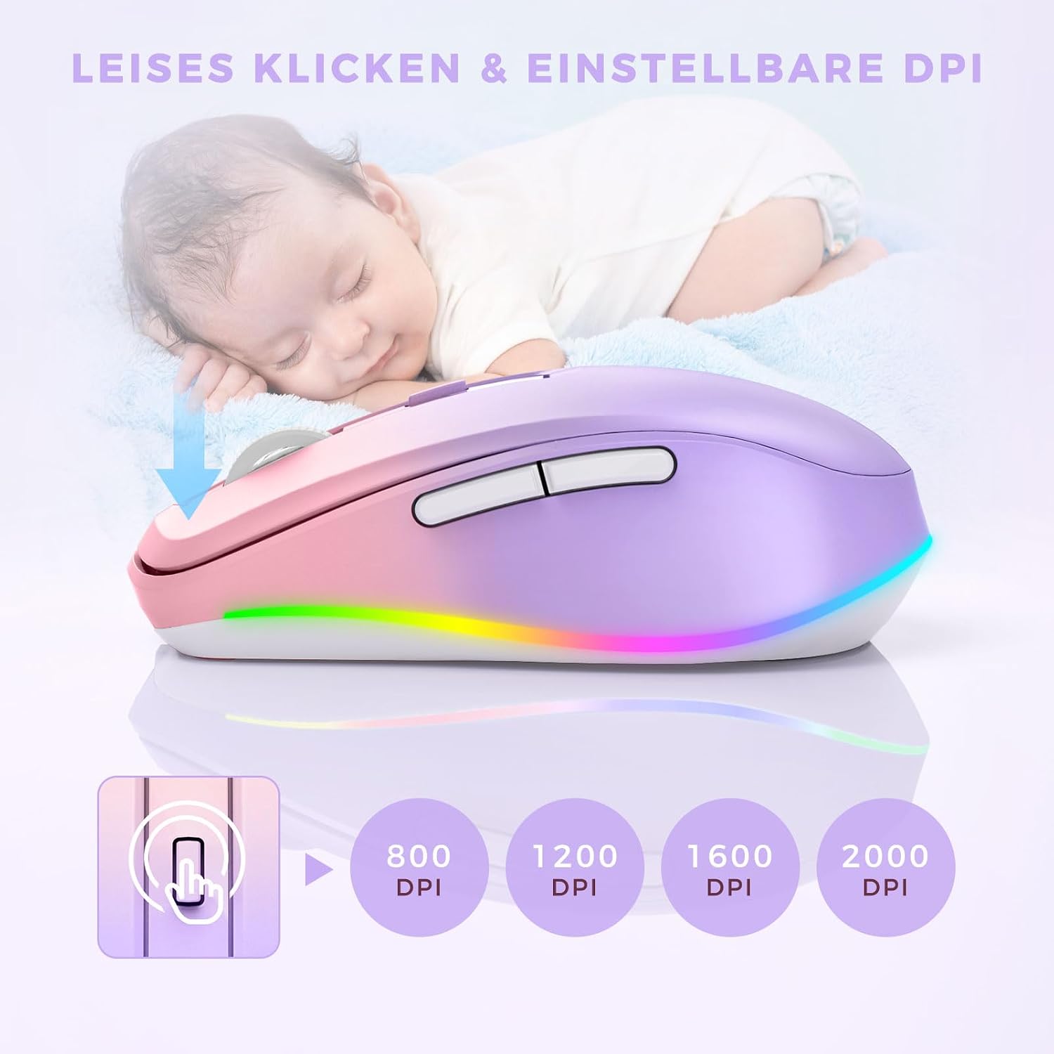 Thumbnail 3 de seenda Kabellose Maus mit Jiggler, wiederaufladbare 2.4G Funkmaus mit LED-Beleuchtung – 2.000 DPI (Rosa&Lila)