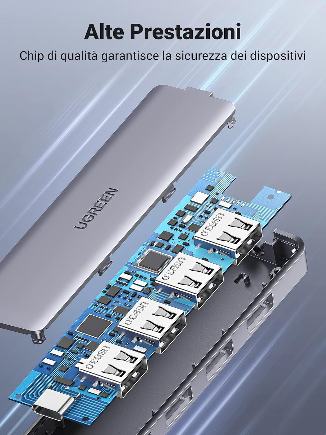 Detalle 2 de UGREEN Hub USB C a 4 Porte – Adattatore Multiporta con uscita USB 3.0, indicatore LED, 15 cm