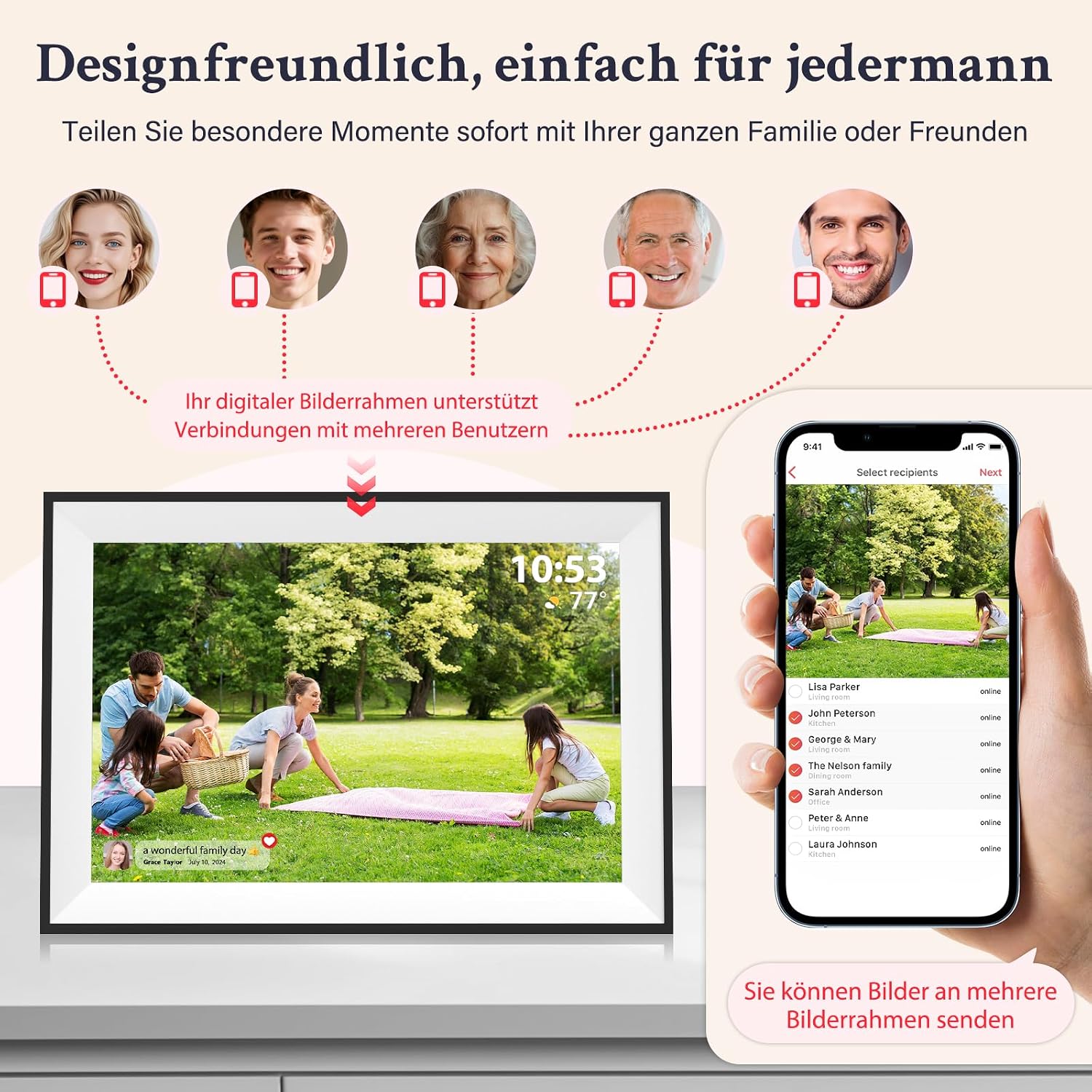 Detalle 2 de Frameo Digitaler Bilderrahmen WLAN 10,1 Zoll – 32 GB, 1280x800 IPS Touchscreen, automatische Drehung, Wandmontage, App-Sharing