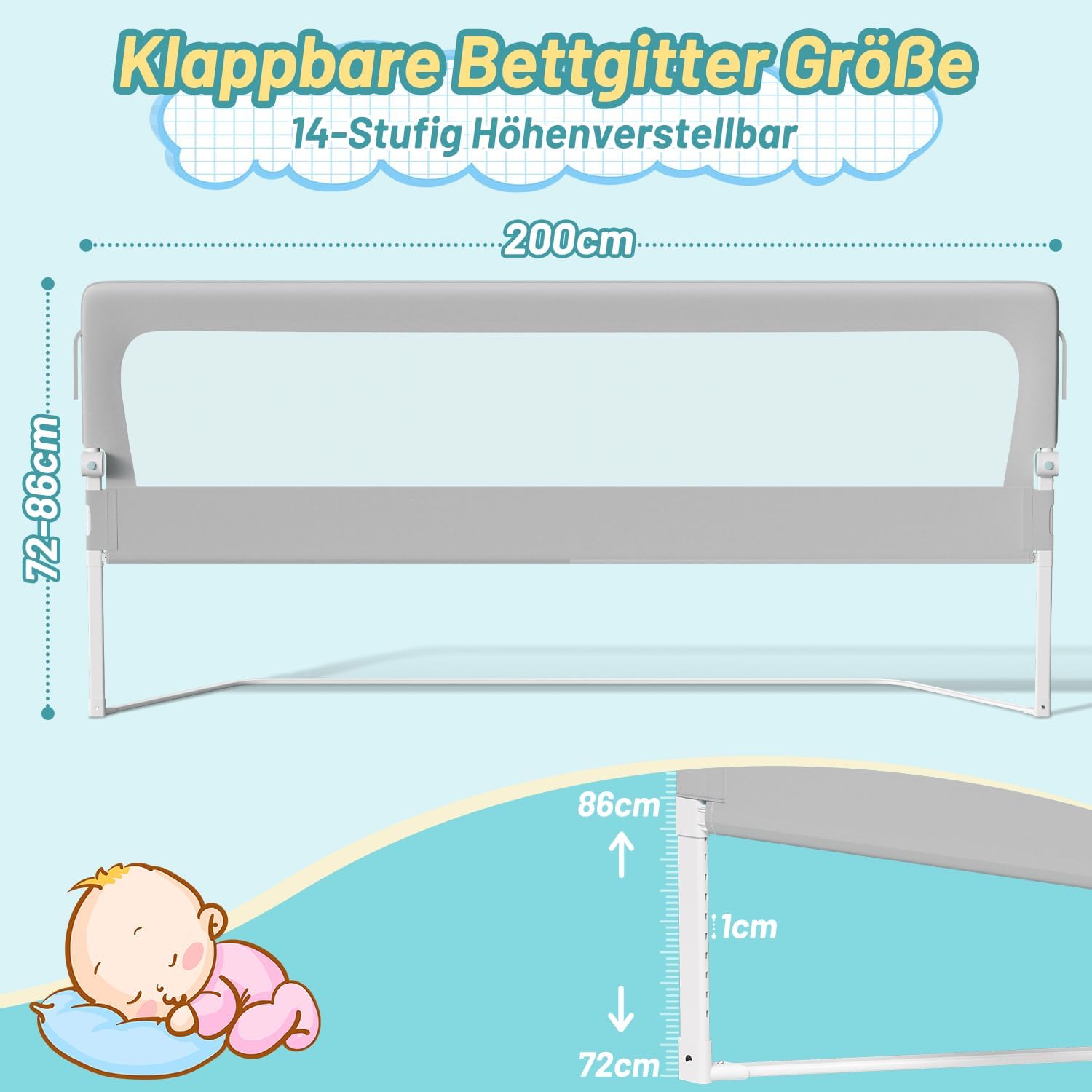 Thumbnail 1 de Tubiaz 200cm Bettgitter Rausfallschutz – höhenverstellbar, 180° Klappbar, Trapezfüße, Grau