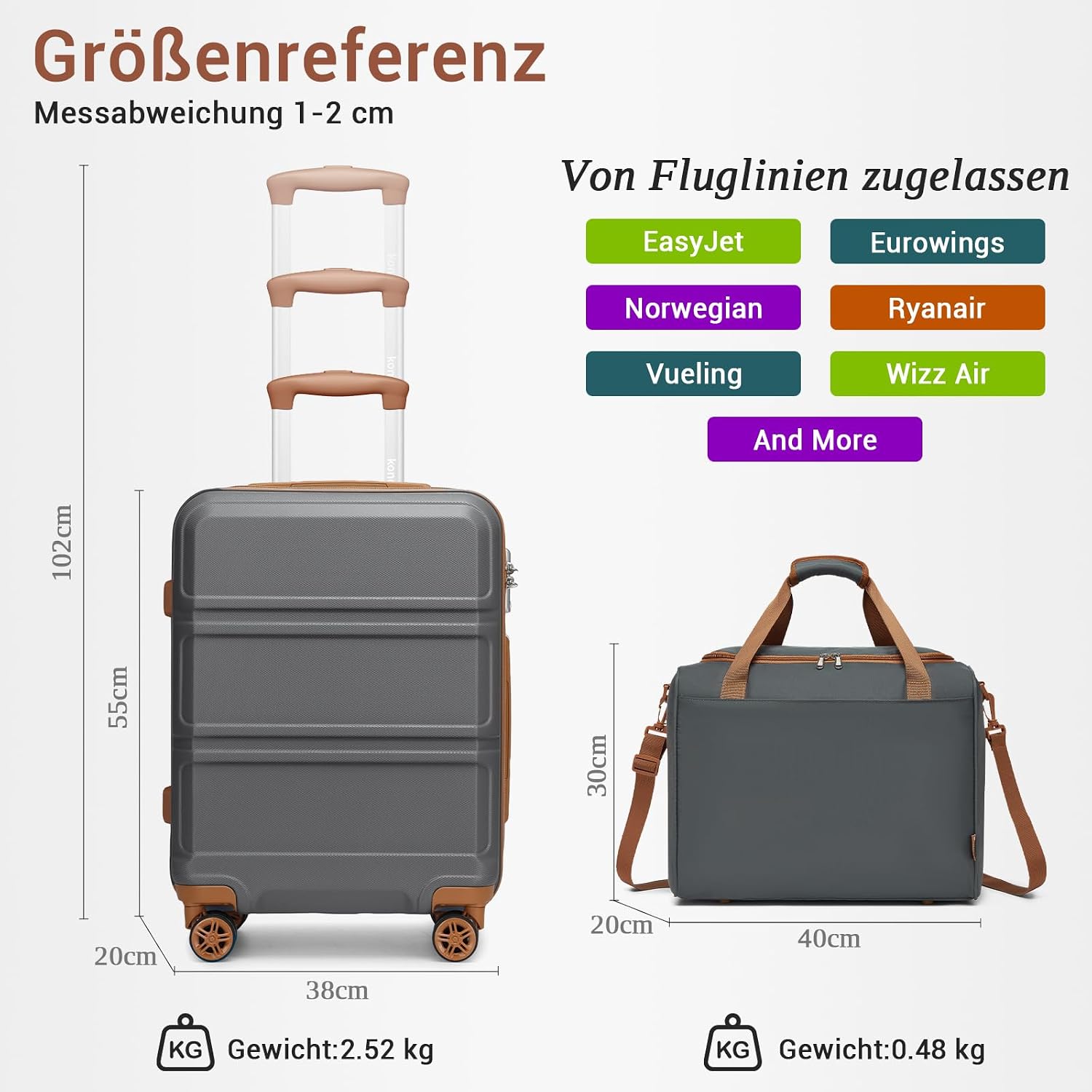 Thumbnail 1 de KONO 55cm Handgepäck-Koffer Trolley Set 2-teilig – Kleiner Koffer + Ryanair Reisetasche, Grau/Braun