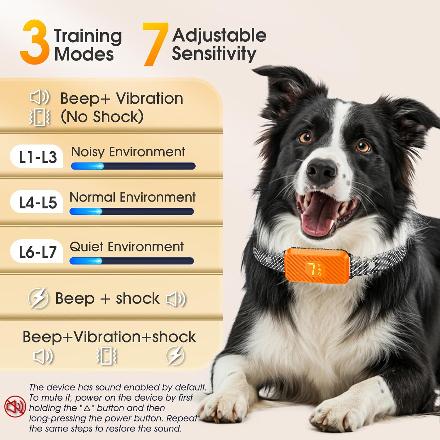Detalle de KJKZO Smart Bark Collar (Rechargeable, Waterproof IP67) with 7 Sensitivity Levels for Small to Large Dogs — Neon Orange