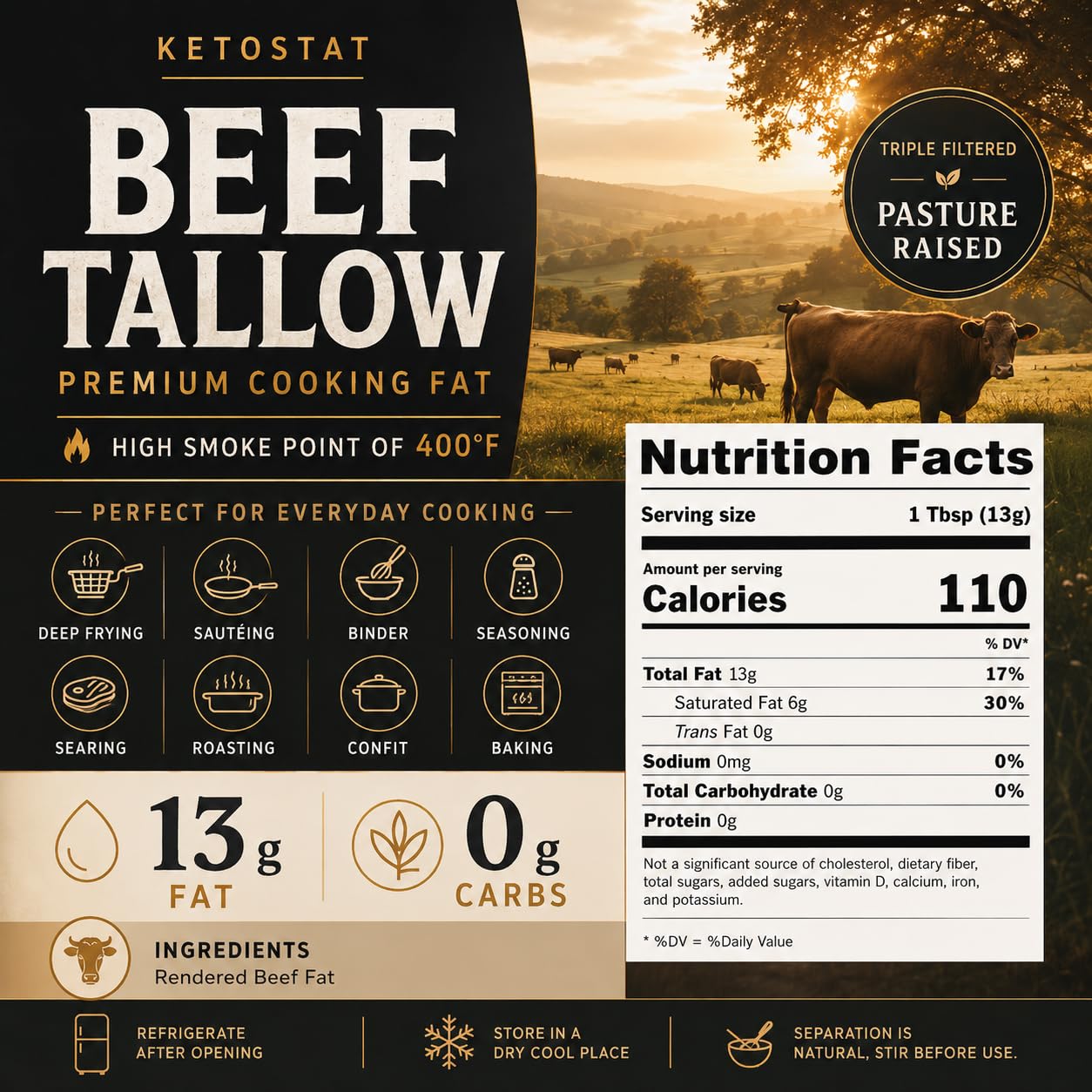 Detalle de Ketostat Beef Tallow, 3.75 lb (60 oz) Cooking Fat for Frying and Roasting