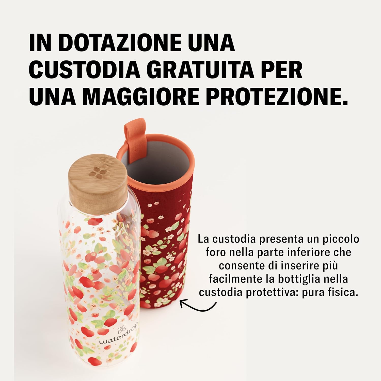 Detalle de waterdrop Borraccia in Vetro 600ml – Tappo in Bambù e Custodia Neoprene, Antigoccia, Design Personalizzato