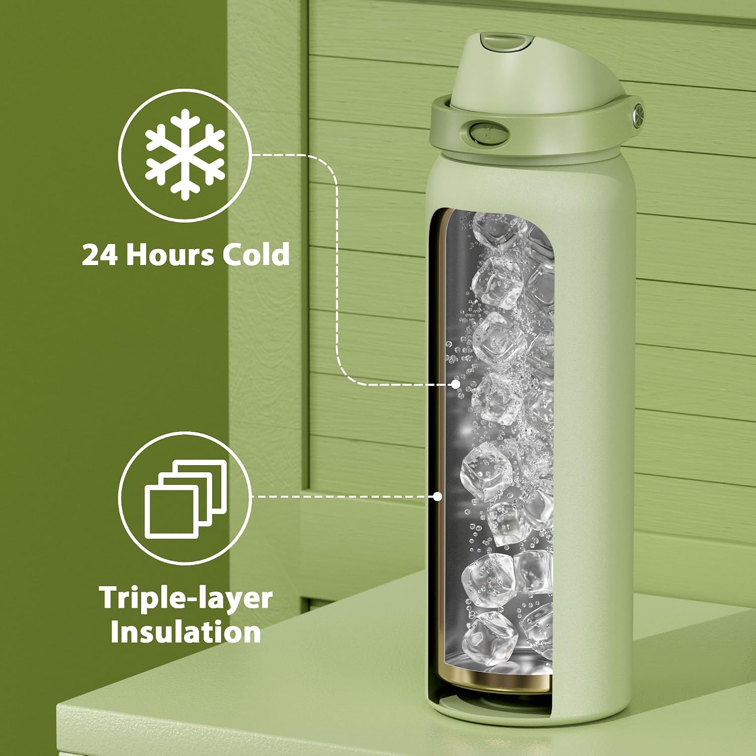 Detalle de Meoky 1182ml stainless steel sports water bottle with 2-in-1 straw & spout lid (sage)