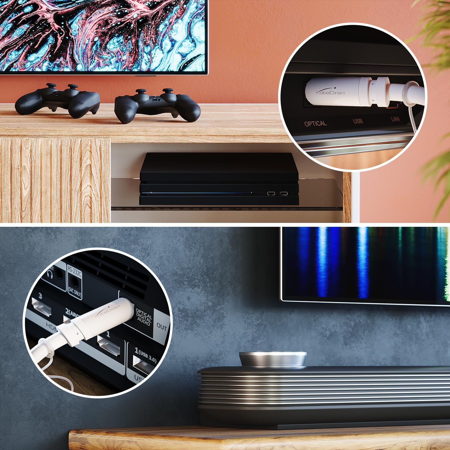 Thumbnail 2 de KabelDirekt TOSLINK-Kabel Weiß (5 m) mit Schutzkappe – optisches Audiokabel für Soundbar, HiFi & Konsole