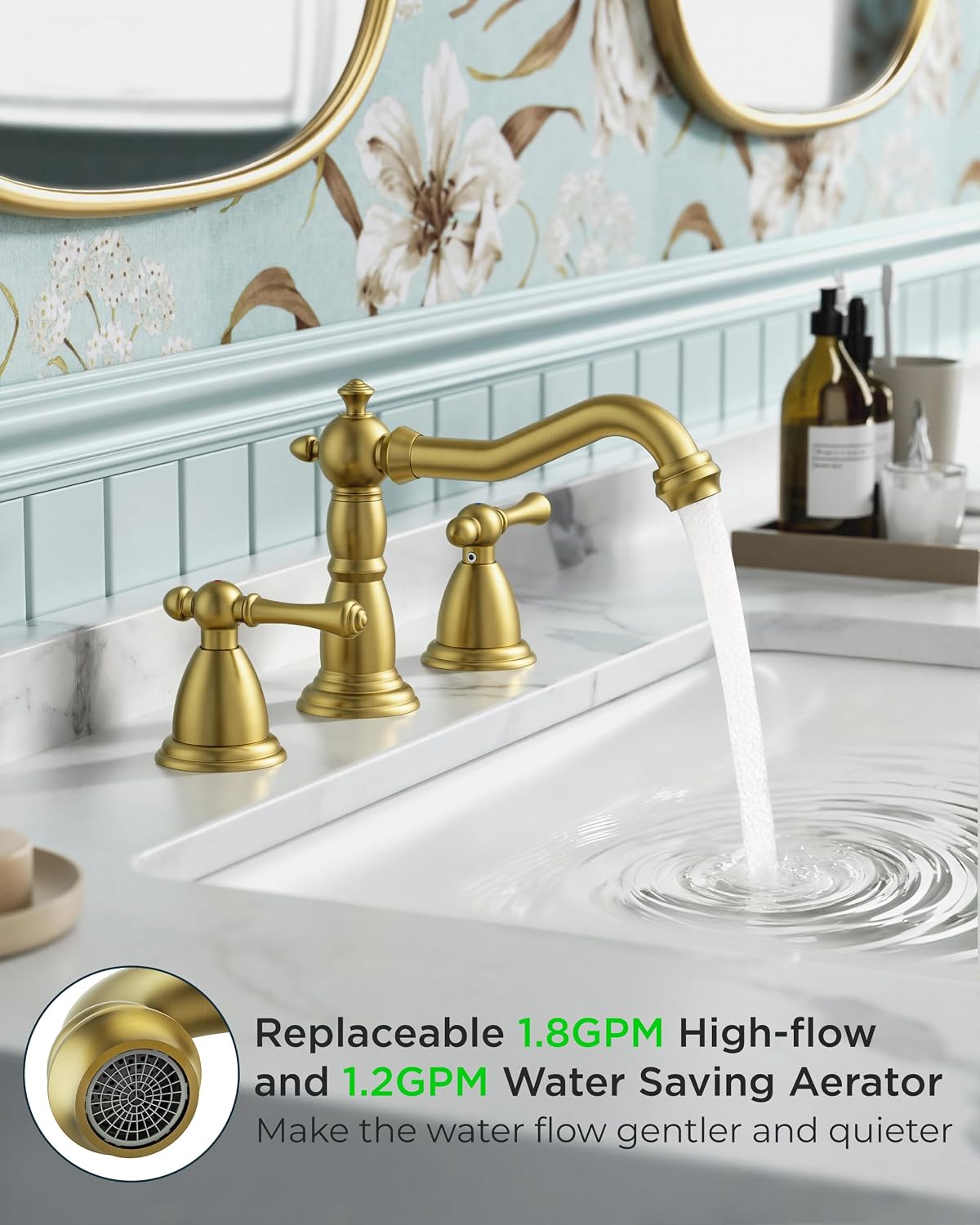 Detalle 1 de FORIOUS FB-03055G Vintage Bathroom Sink Faucet, Brushed Gold, 3-Hole Widespread
