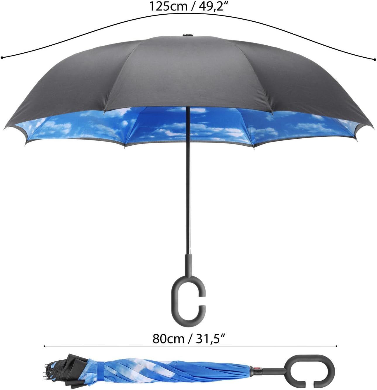 Thumbnail 1 de Parapluie inversé GOODS+GADGETS avec ciel bleu et poignée en C (parapluie à bâton inversé) – 105 cm