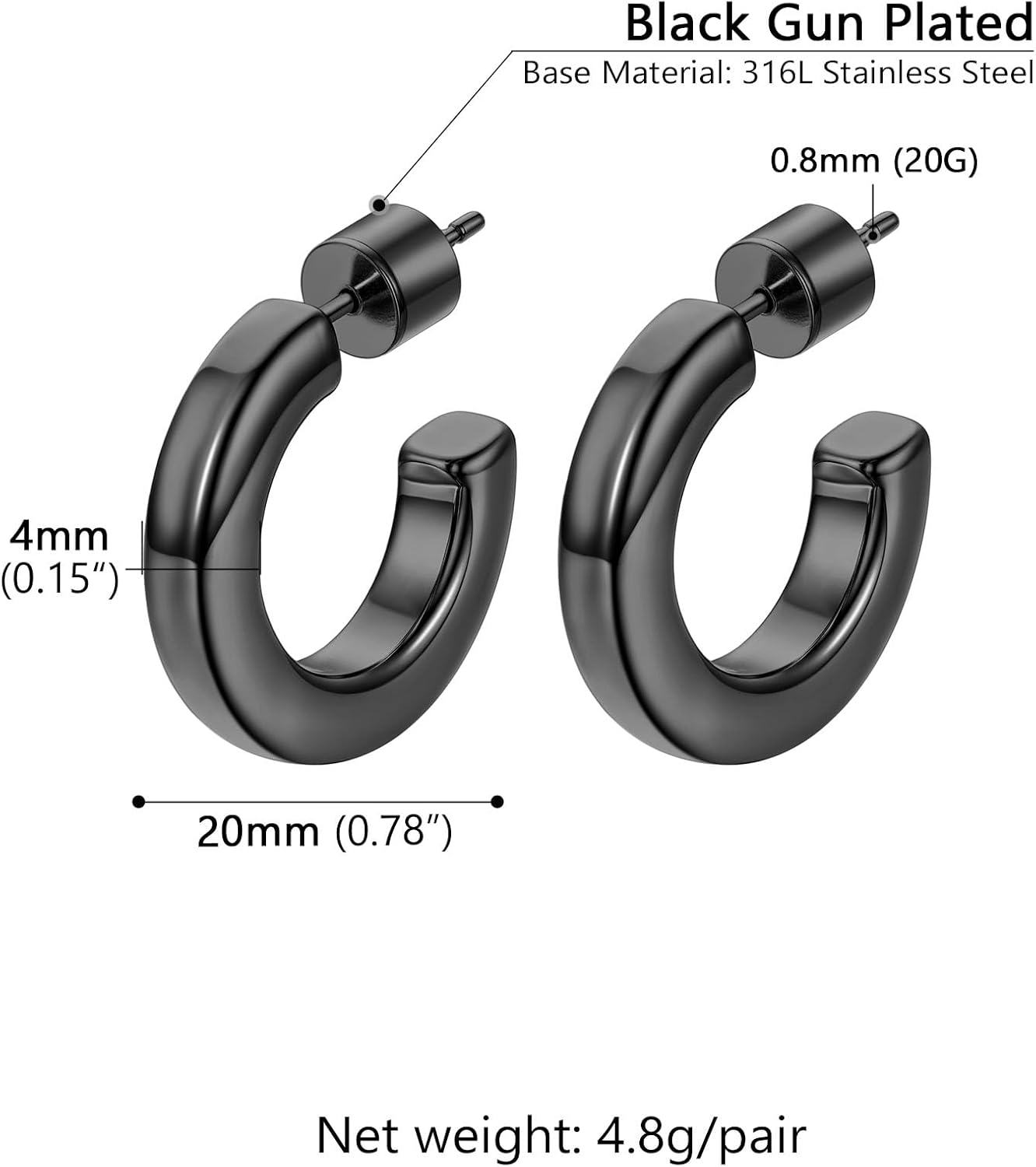 Thumbnail 2 de PROSTEEL Demi-créoles carrées ouvertes en acier inoxydable 316L (noir ou plaqué or) — tailles 20, 30, 40, 60 et 80 mm