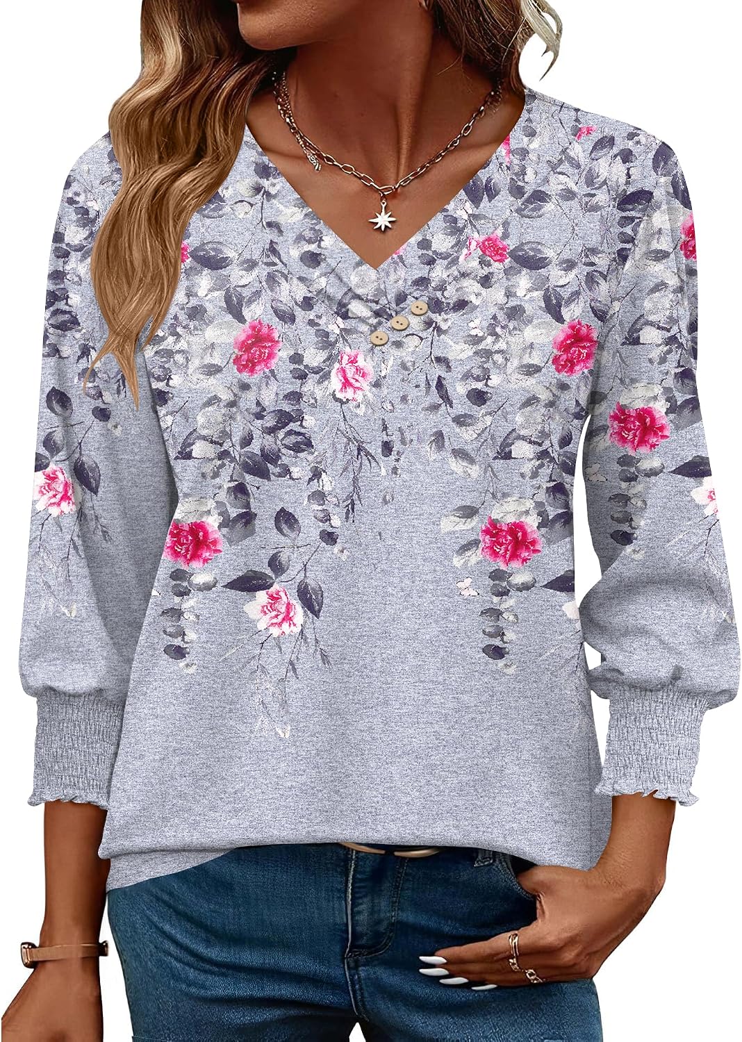 Detalle 2 de Rapbin Damen Bluse mit 3/4-Ärmeln, V-Ausschnitt und Knopfleiste – leichte Tunika für Sommer & Alltag