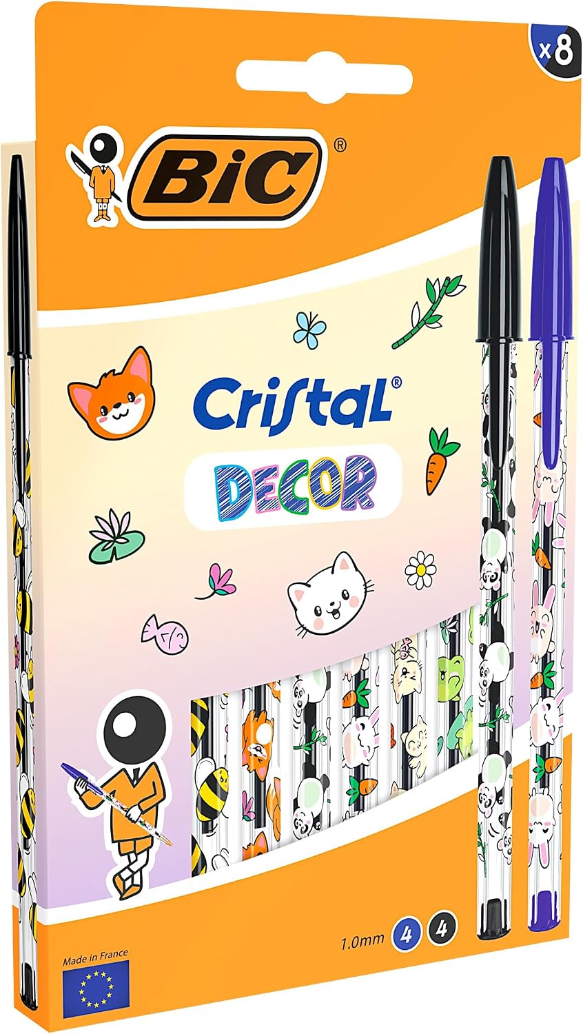 BIC Cristal Décors Kawaii – Stylos-bille à pointe moyenne (1,00 mm), Bleu et Noir, Pack de 8