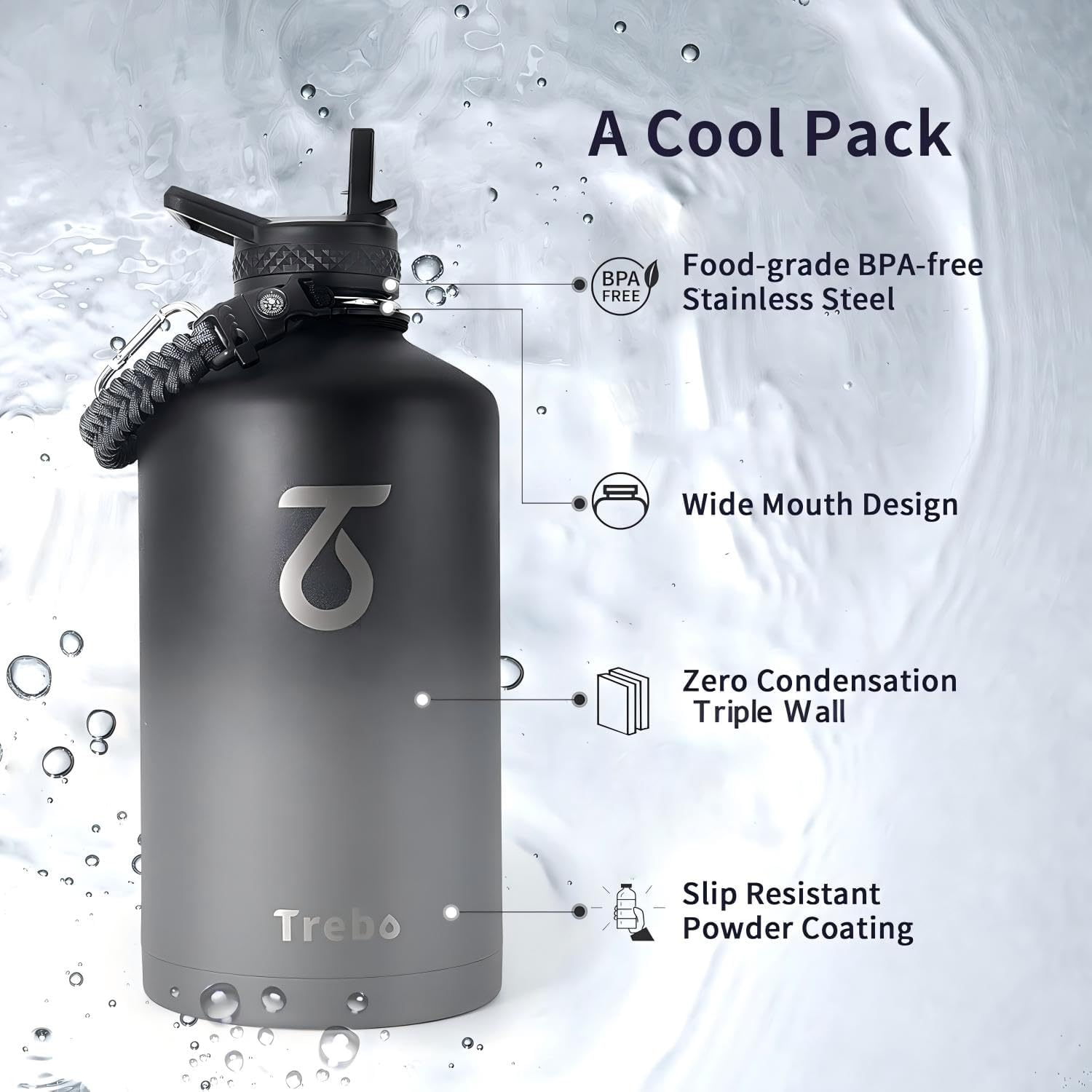 Detalle de Trebo One Gallon Insulated Water Bottle (128oz) with Paracord Handle, Double-Wall Stainless Steel, Leakproof Lids