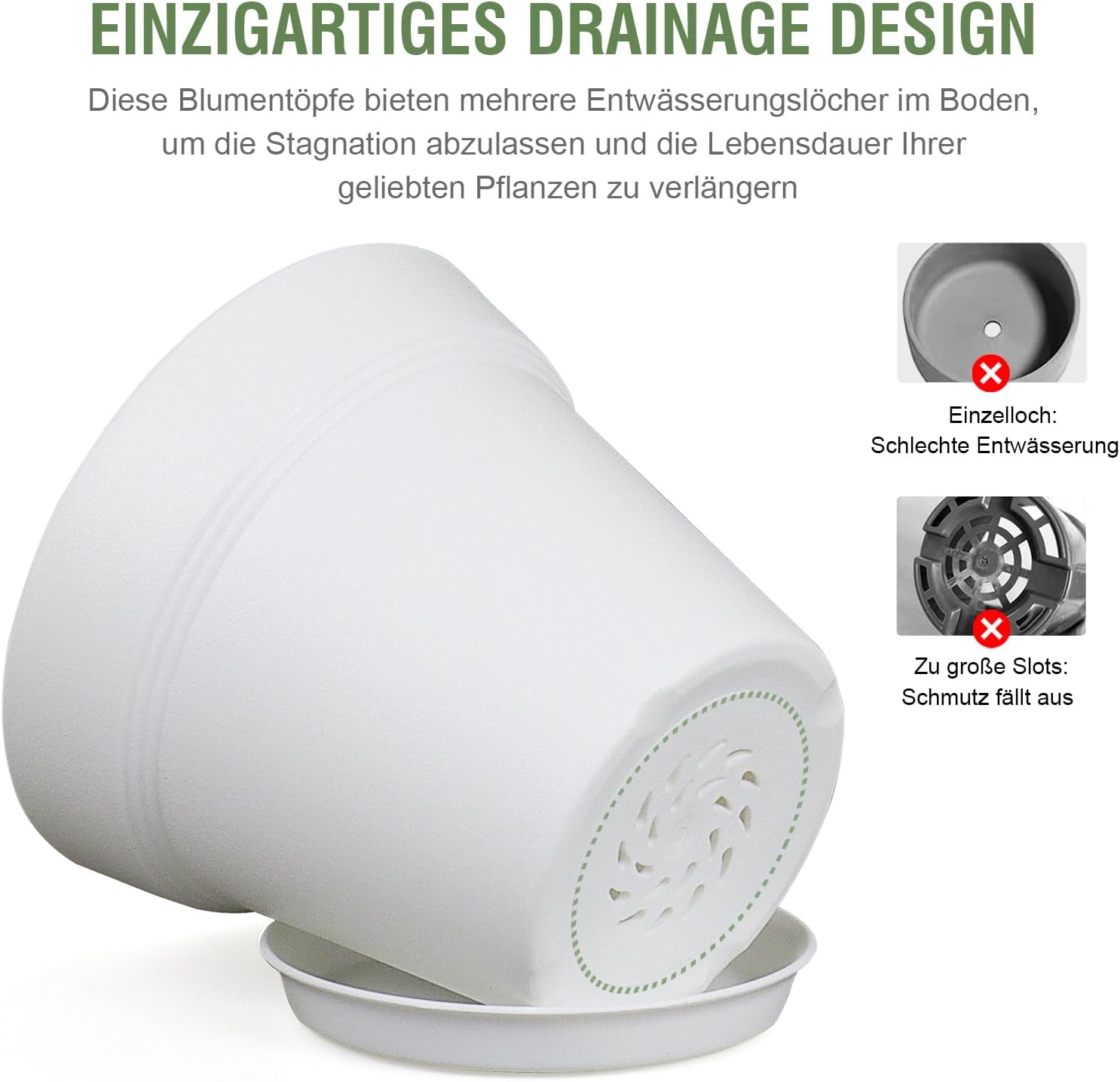 Detalle de Homeuouz 8er-Set Blumentöpfe mit Untersetzer, 10 cm – Kunststoff, UV-beständig & wetterfest, Weiß
