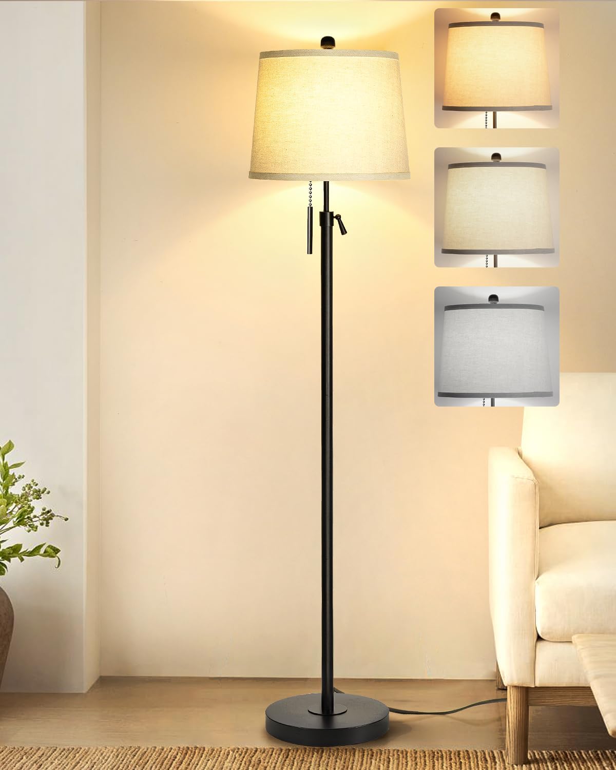 Detalle de Qingmiao Stehlampe Wohnzimmer Modern – höhenverstellbar, Stoffschirm, 3 Farbtemperaturen, E27