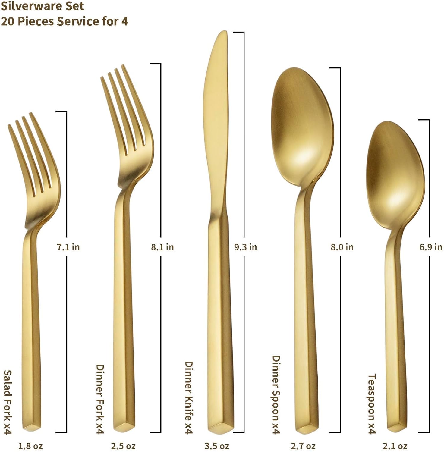 Detalle de Alata Cube Gold 20-Piece Flatware Set: Forged, Matte Gold with Square Handles for 4