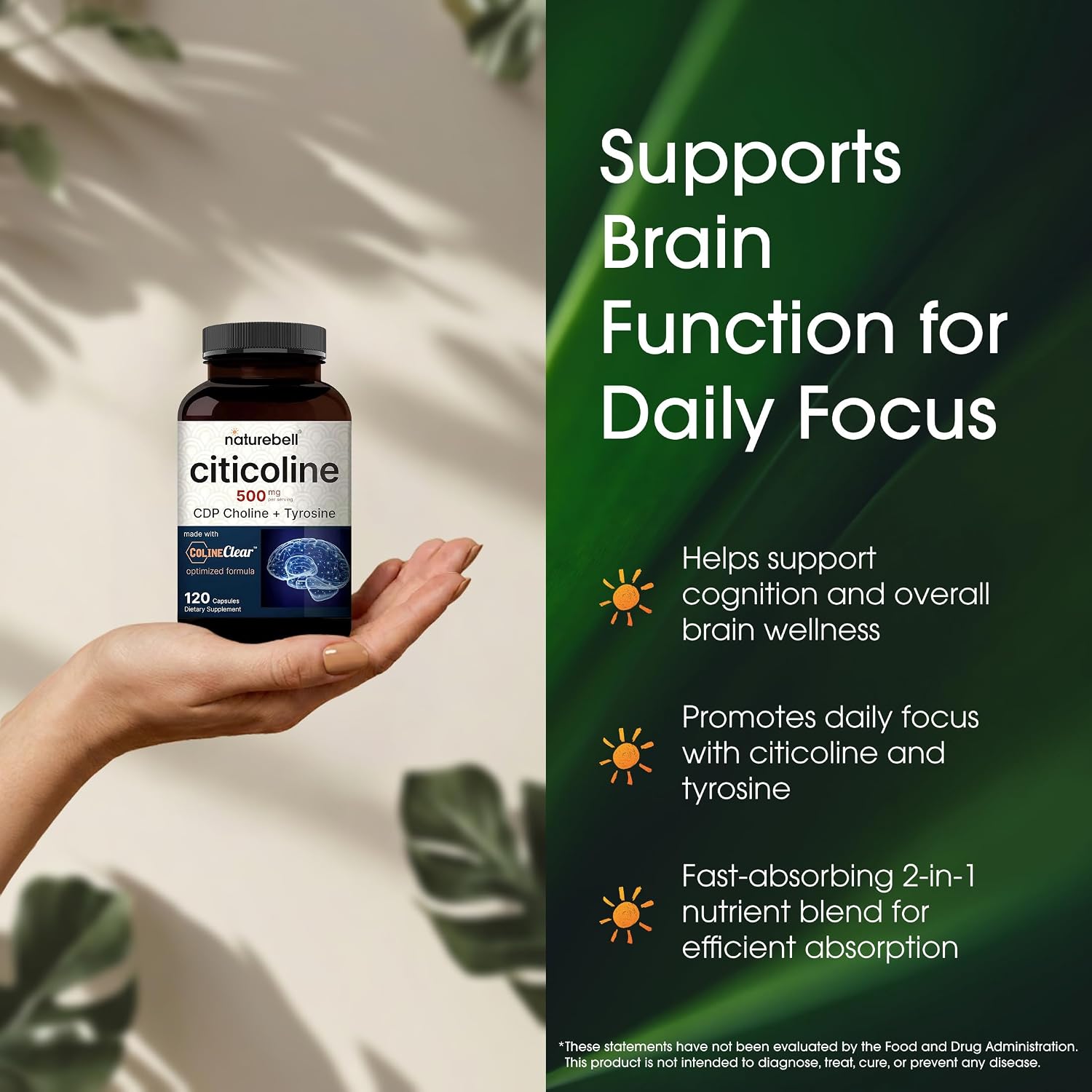 Detalle de NatureBell Citicoline 500 mg Capsules with CDP Choline and Tyrosine, 120 Count