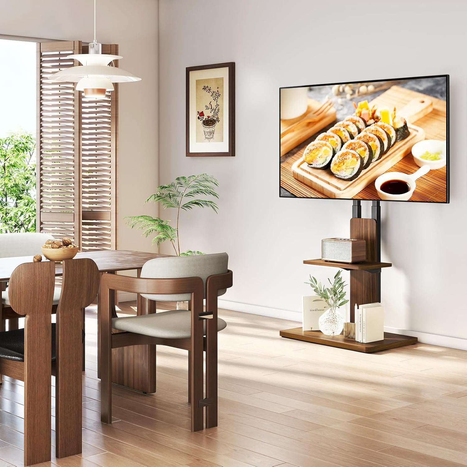 Thumbnail 1 de TVON support TV au sol sur roulettes cachées (32 à 70 pouces) hauteur réglable, base en bois