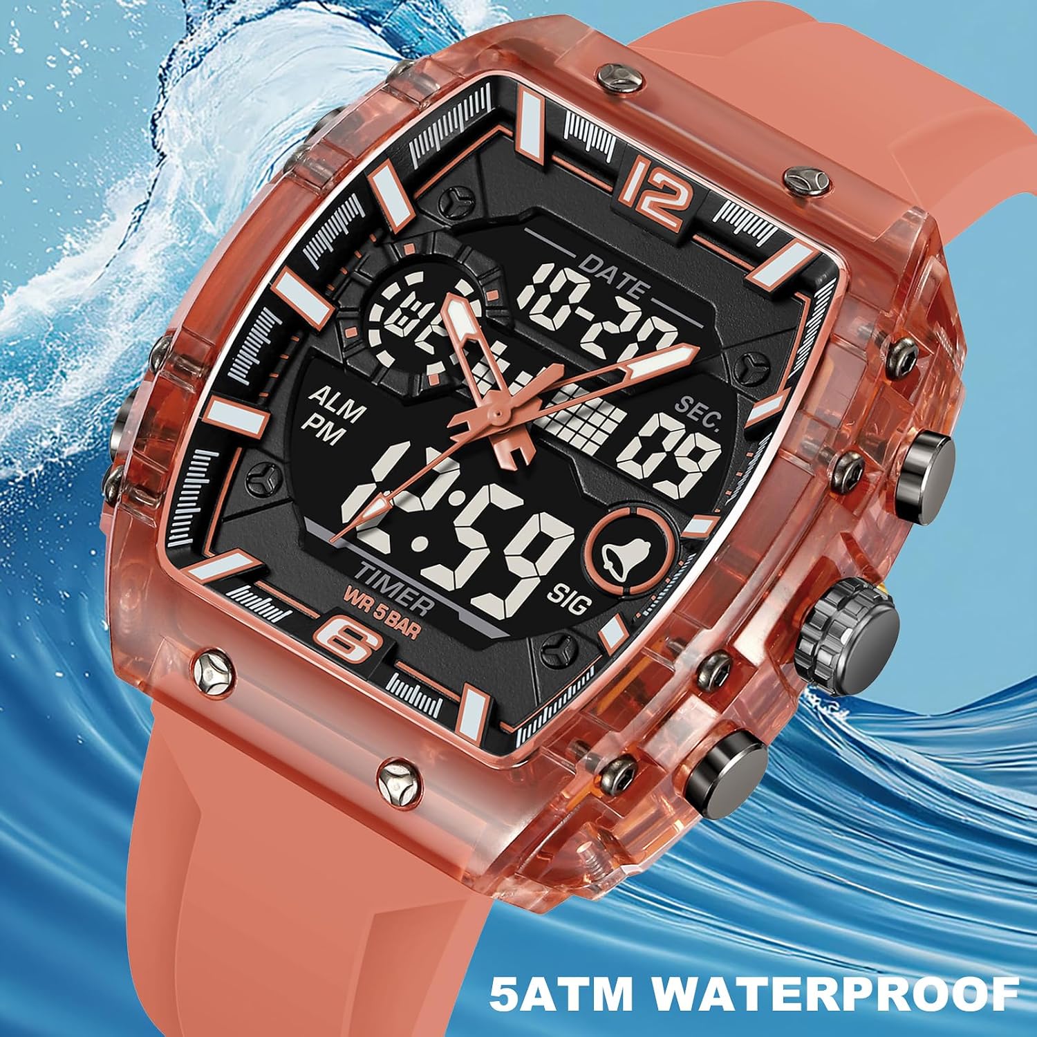 Detalle 2 de findtime Herren Uhr – Tonneau/Rectangle Stylische Armbanduhr mit Alarm, Stoppuhr, Kalender und Dualzeit