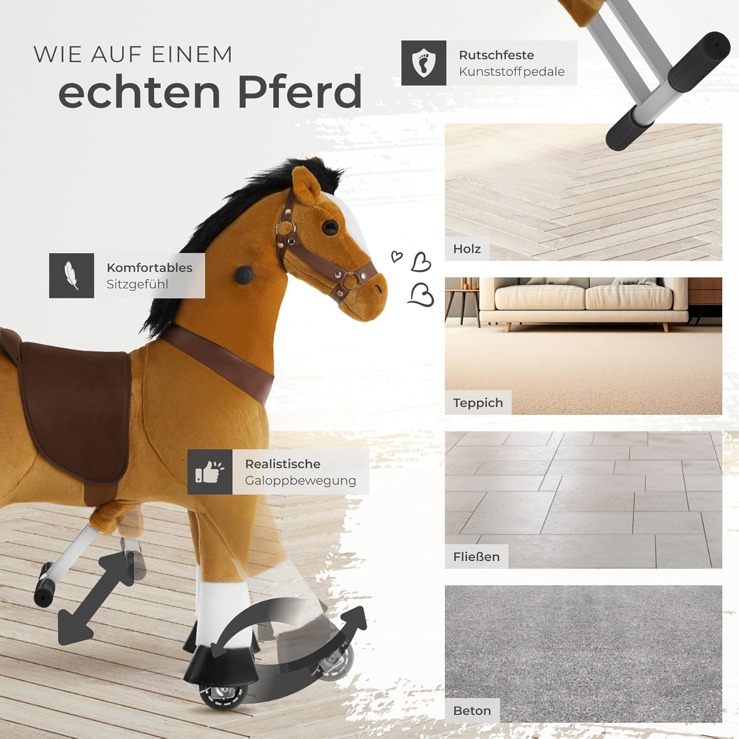 Thumbnail 3 de tectake® Schaukelpferd mit Rollen: Plüsch-Stehpferd zum Draufsitzen & Reiten (29 x 76 x 85 cm)