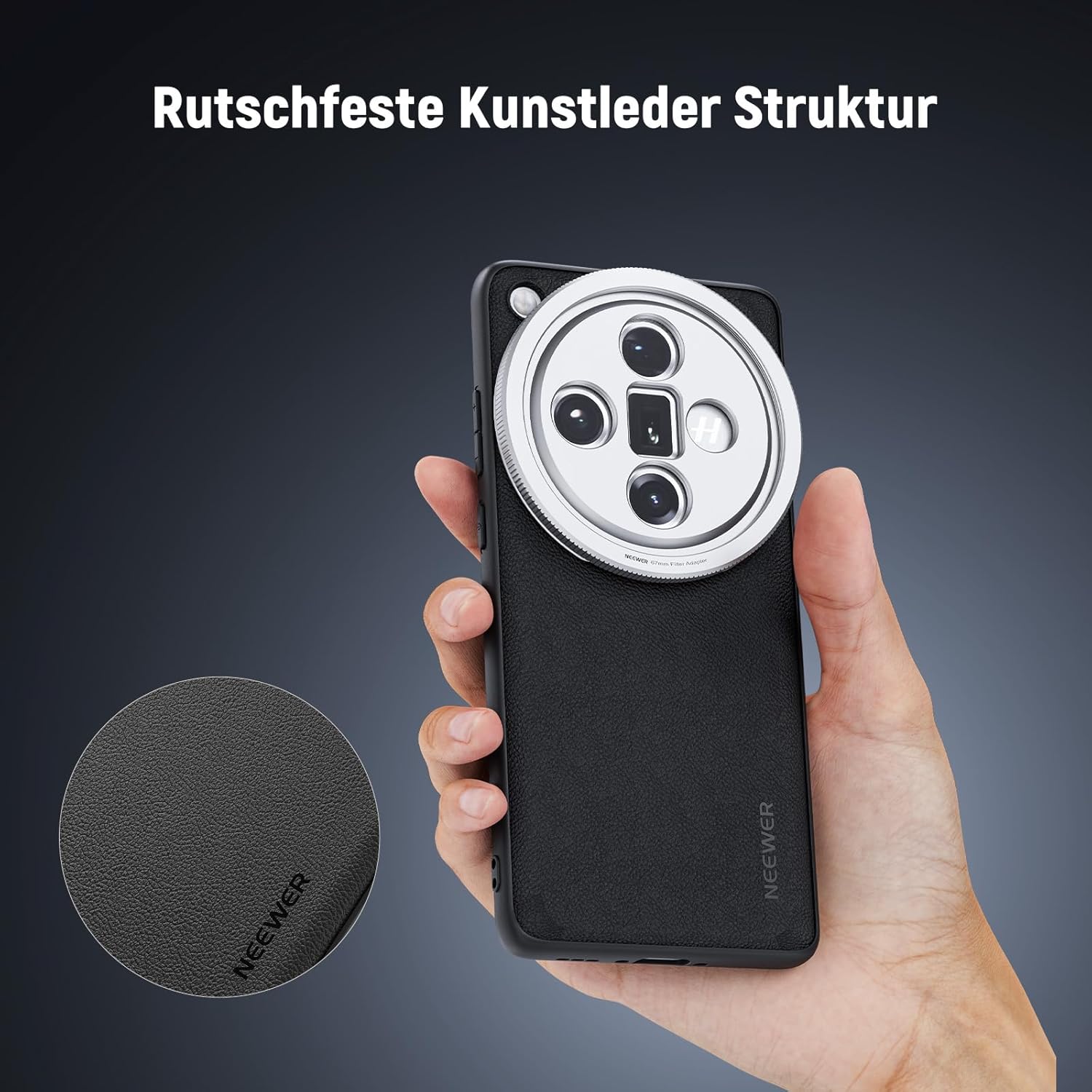 Thumbnail 5 de NEEWER Handy-Schutzhülle für Oppo Find X8 Ultra (TPU/PC Kunstleder), inkl. 17-mm Objektivhalterungen & 67-mm Filteradapter – Schwarz/Silber