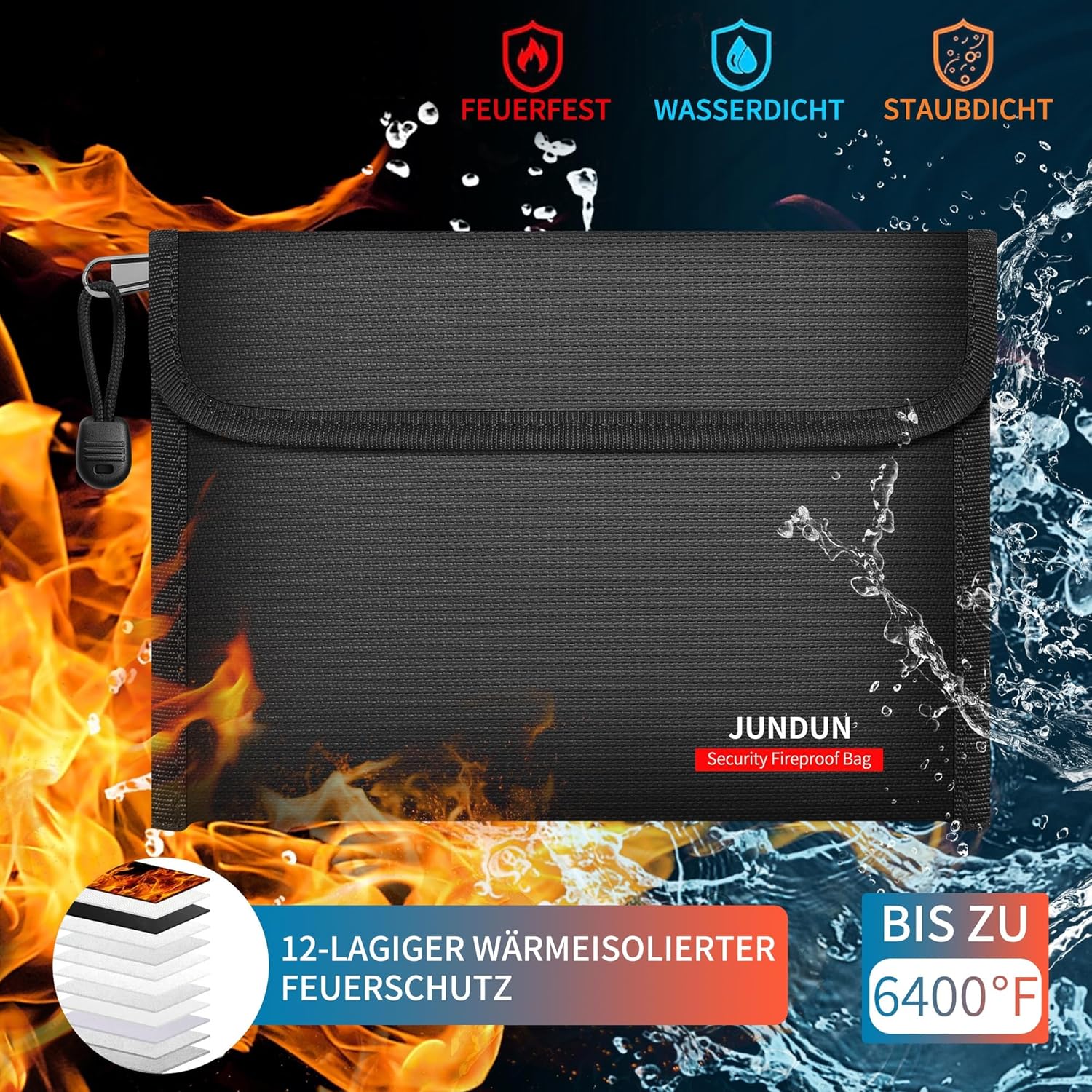 Thumbnail 2 de JUNDUN 2er Pack Feuerfeste Geldtasche 27x17 cm – Doppelter Reißverschluss, 12‑lagige Brand- und Wasserschutzfolie