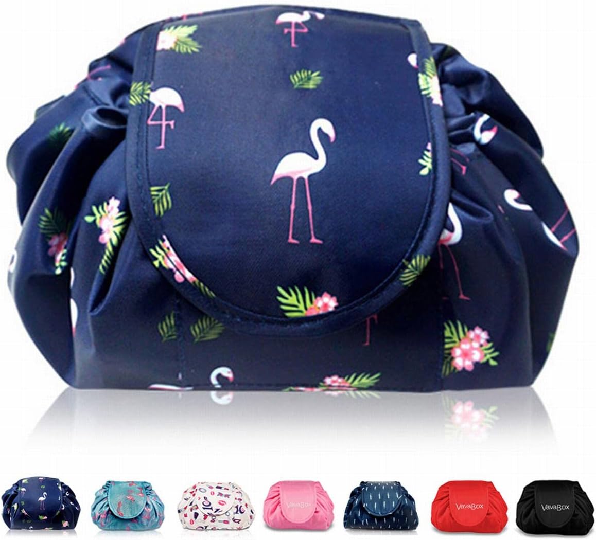 Detalle de Vavabox Lazy Drawstring Makeup Bag (Large Capacity) – Waterproof Navy Flamingo Travel Cosmetic Pouch