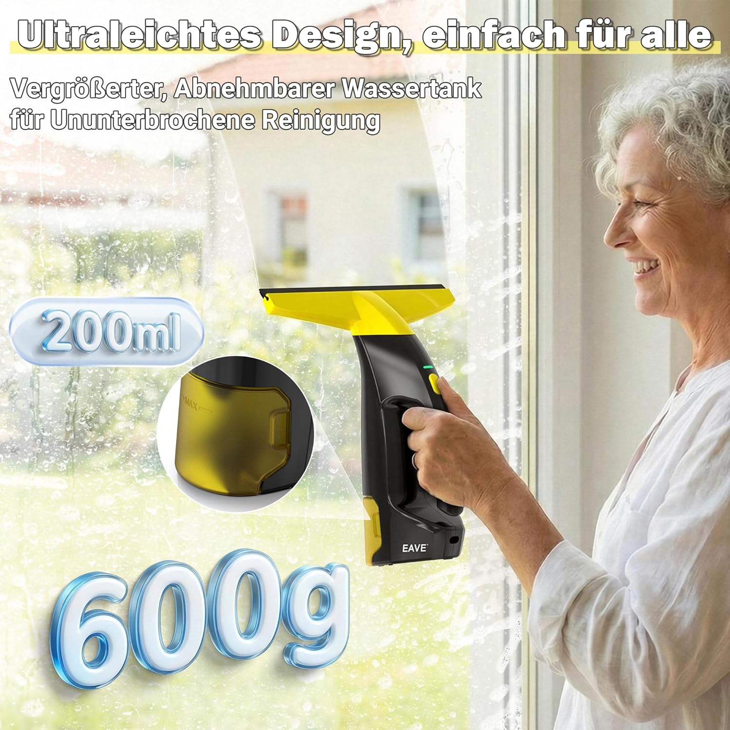 Thumbnail 4 de EAVE Fenstersauger Set – Akku-Fenstersauger mit 2000 Pa, 45 Min. Laufzeit, 28 cm Düse & 200 ml Wassertank