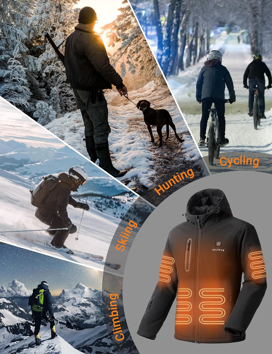 Detalle 2 de SOLJIKYE Men's Heated Softshell Jacket, 8 Heating Zones, 3 Settings, 20,000mAh Battery