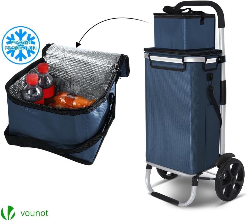 Detalle de VOUNOT Einkaufstrolley Klappbar aus Aluminium – 58L, wasserdichte Tasche mit Kühlfach, Treppensteiger, Marineblau