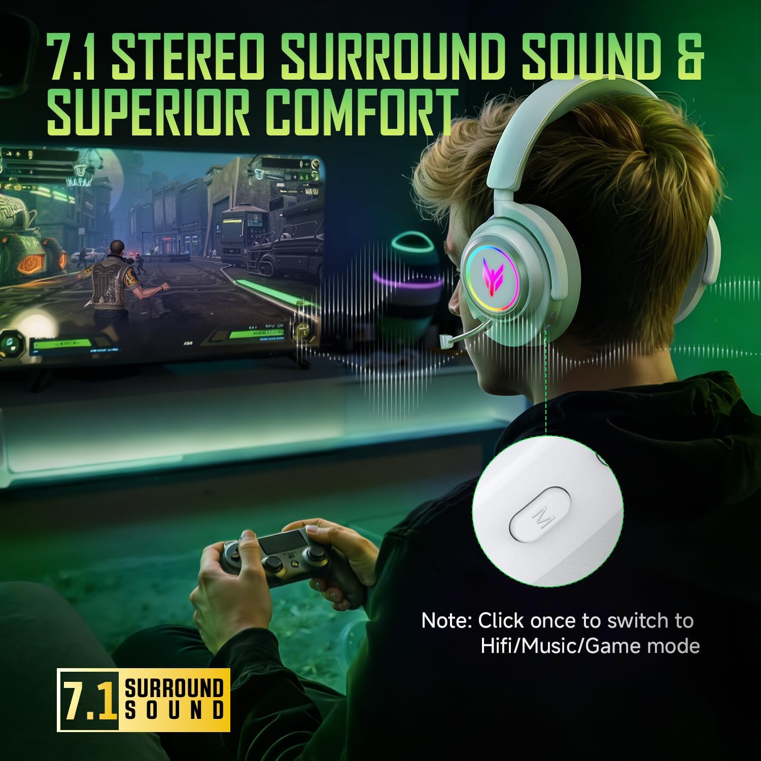 Thumbnail 4 de Wireless Gaming Headset for PS5/PS4/PC/Switch/Mac with 2.4GHz USB + Bluetooth 5.4, 100H Battery, 7.1 Surround & Noise-Canceling Mic