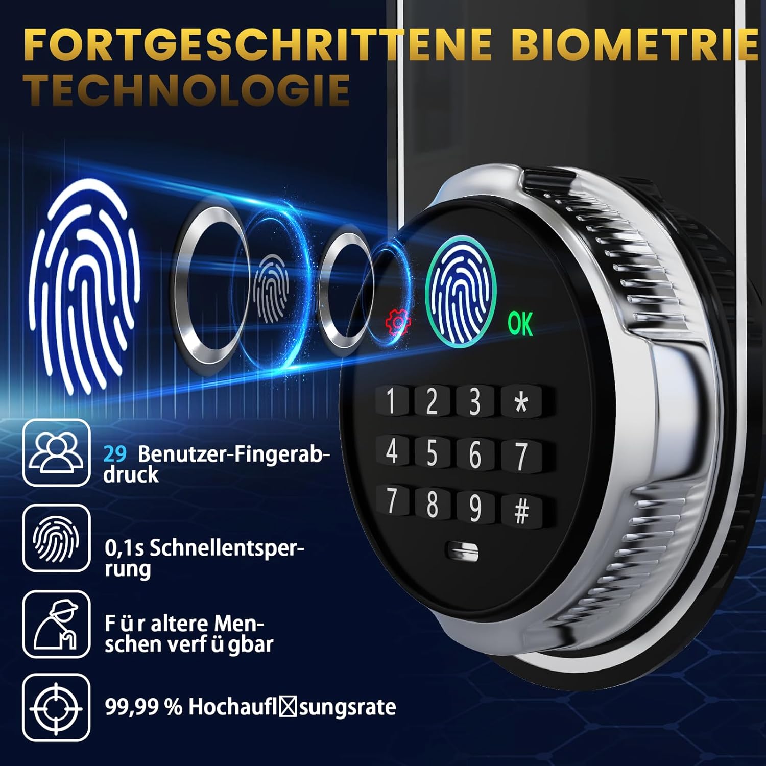 Detalle de 75L biometrischer Möbel-Tresor für Zuhause – Großer Kunststoff-/Stahlsafe mit Fingerabdruck, LED-Beleuchtung und Einbauoptionen