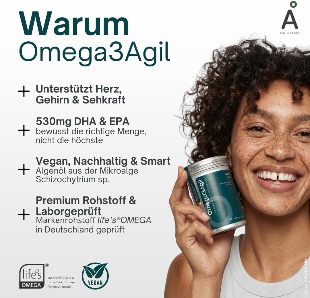 Detalle 2 de AgilNature Omega 3 Vegan I 120 vegane Algenöl Kapseln – 530 mg EPA & DHA pro Tag, made in Germany