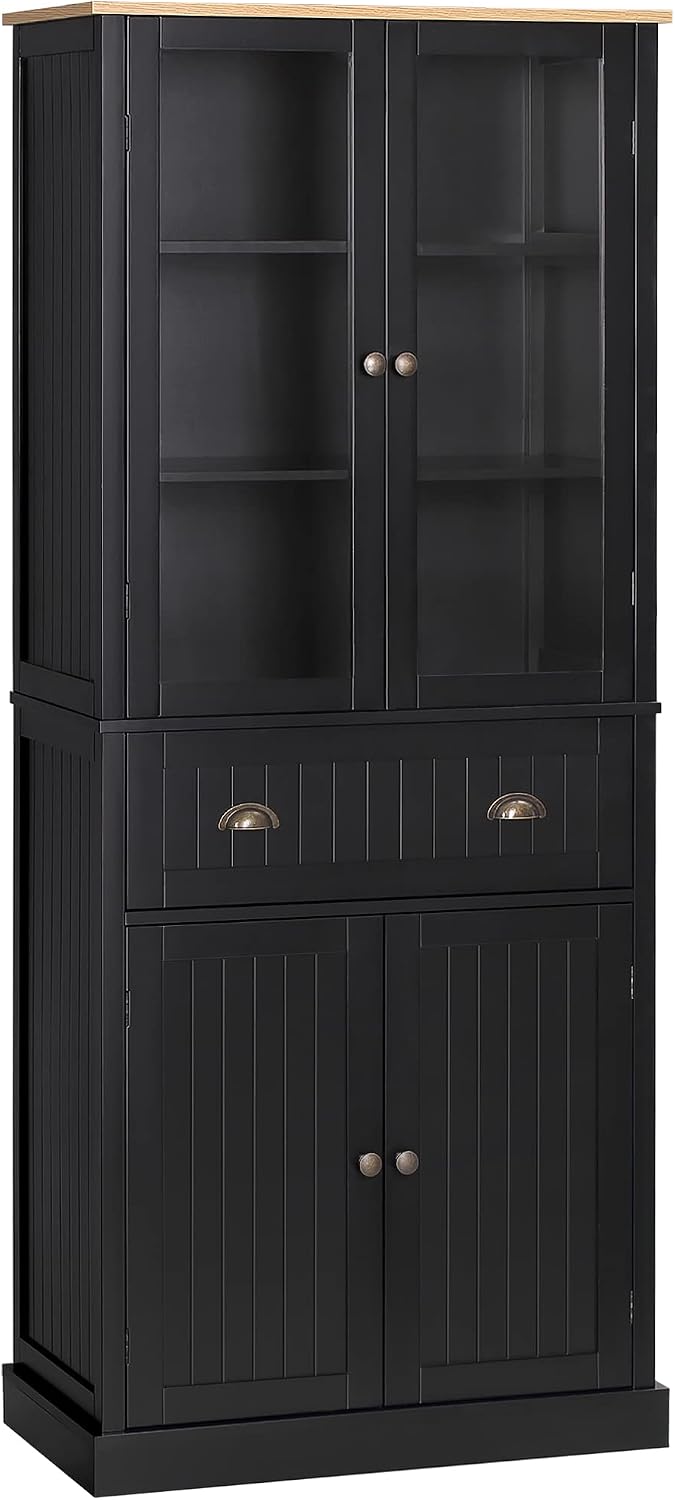 Detalle de HOMCOM Buffet de cuisine noir avec 4 portes dont 2 vitrées et tiroir, 182,5 cm de hauteur