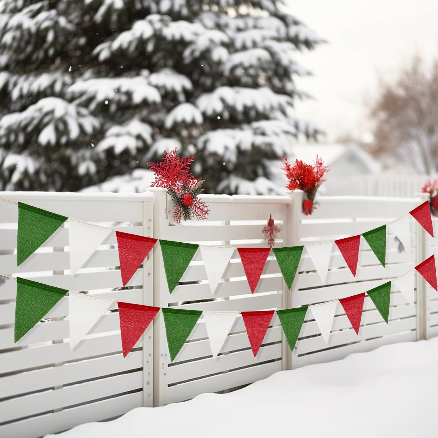 Thumbnail 3 de G2PLUS 12M Red Green and White Burlap Bunting (36 Pieces) – Reusable Outdoor Hessian Banner for Christmas Gardens