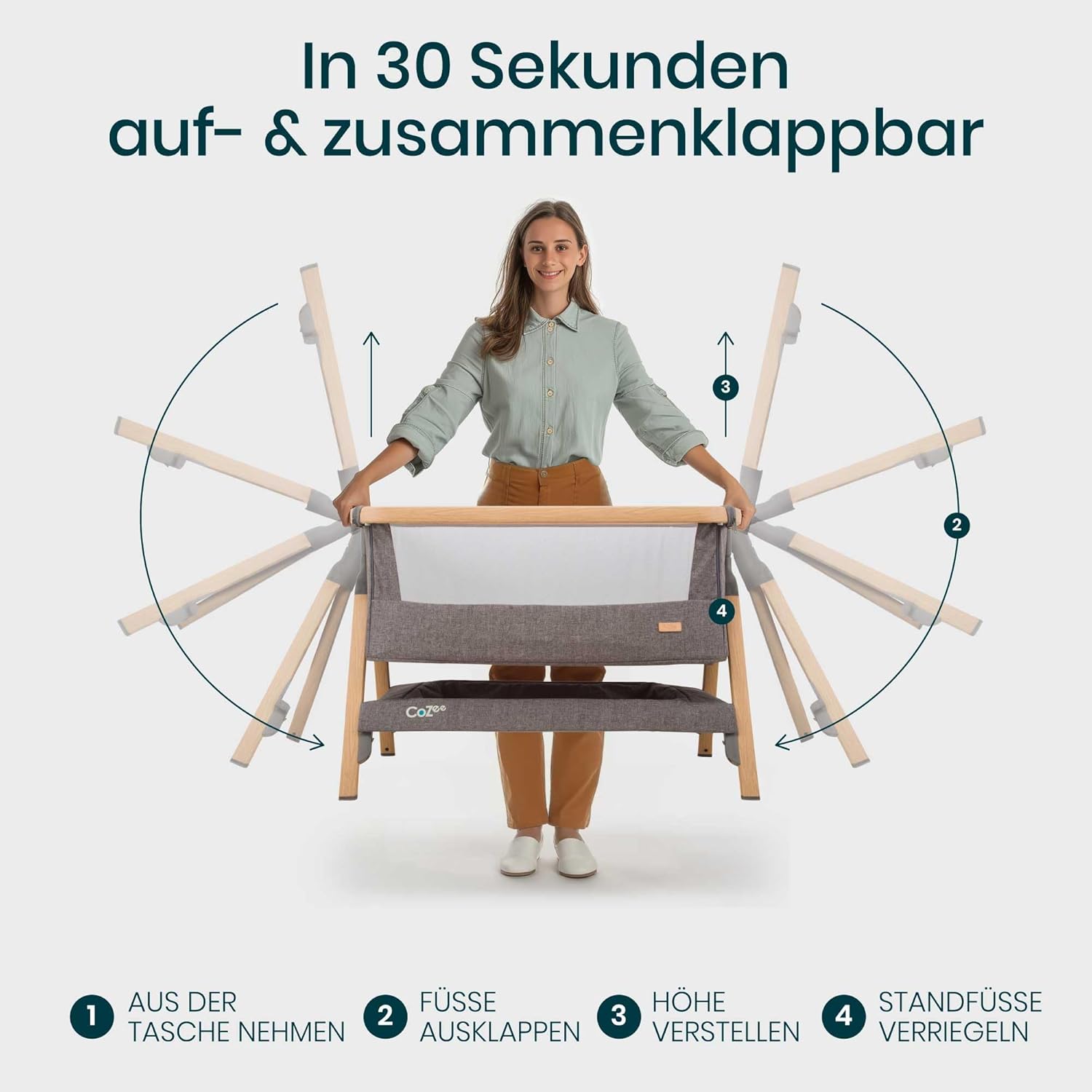 Thumbnail 6 de Tutti Bambini CoZee 2-in-1 Beistellbett & Reisebett (0–6 Monate) mit Matratze – 6-fach höhenverstellbar, faltbar, Mesh-Fenster – Eiche & Anthrazit