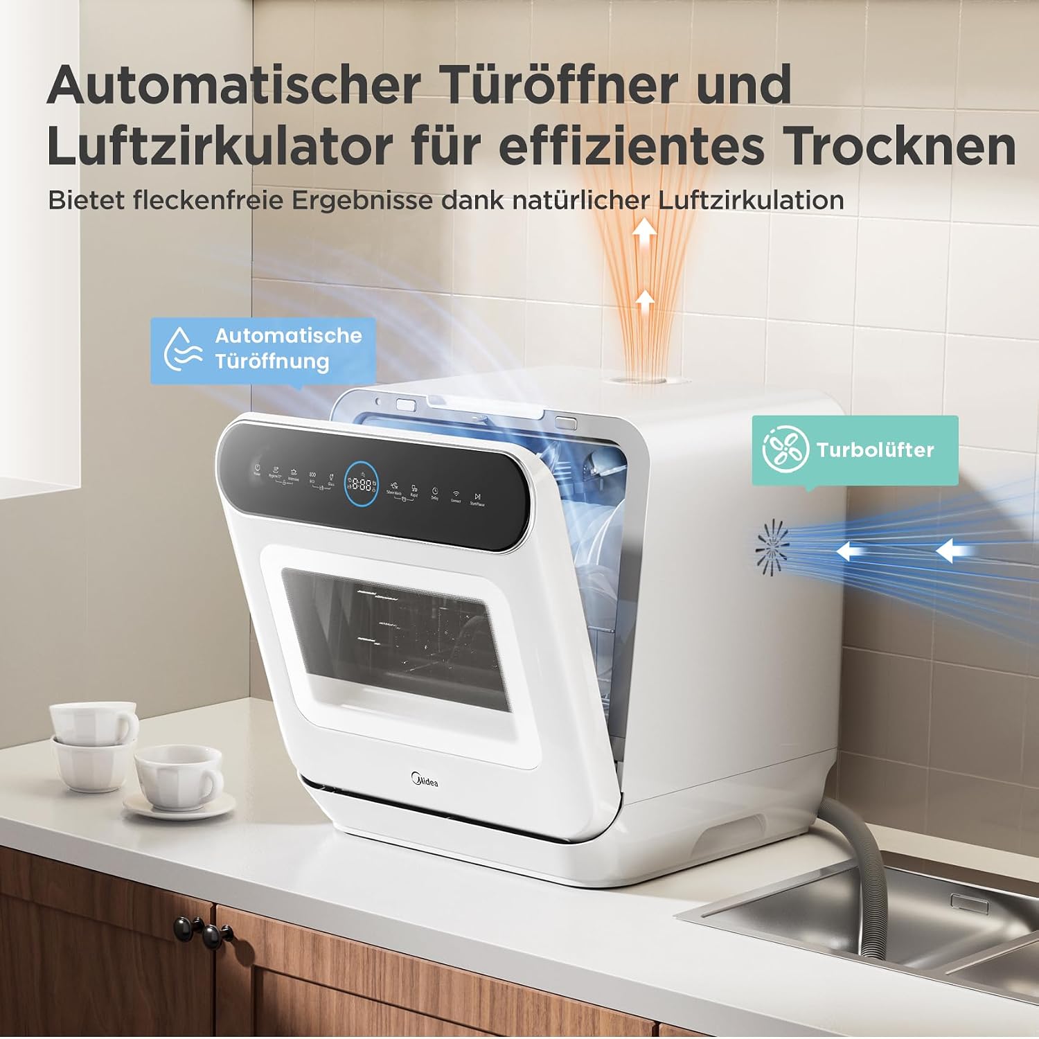 Detalle de Midea Mini Tischgeschirrspüler 3 Maßgedecke mit Wassertank oder Wasseranschluss – kompakt, flexibel, vernetzt