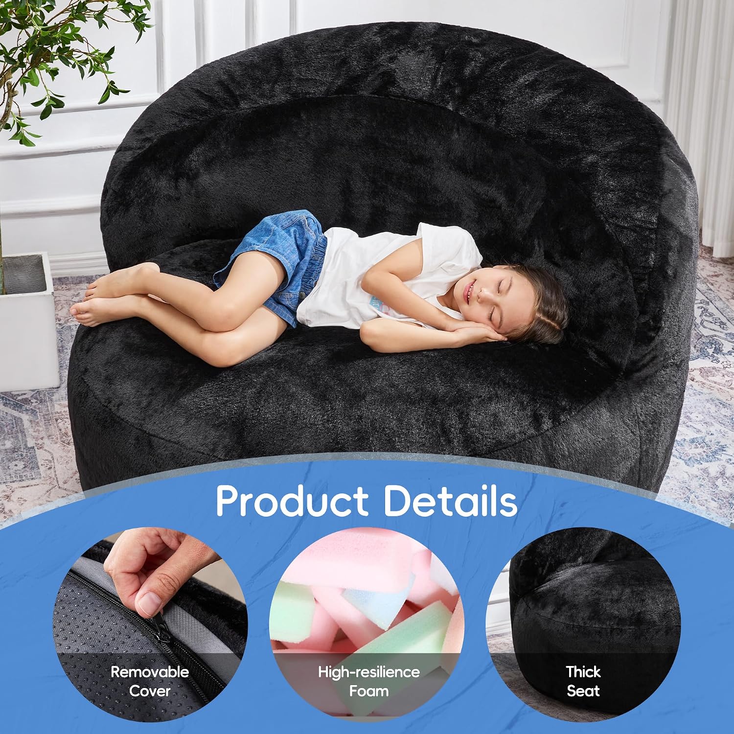 Detalle 2 de Hobestluk Oversize Bean Bag Chair with Memory Foam and Black Faux Fur