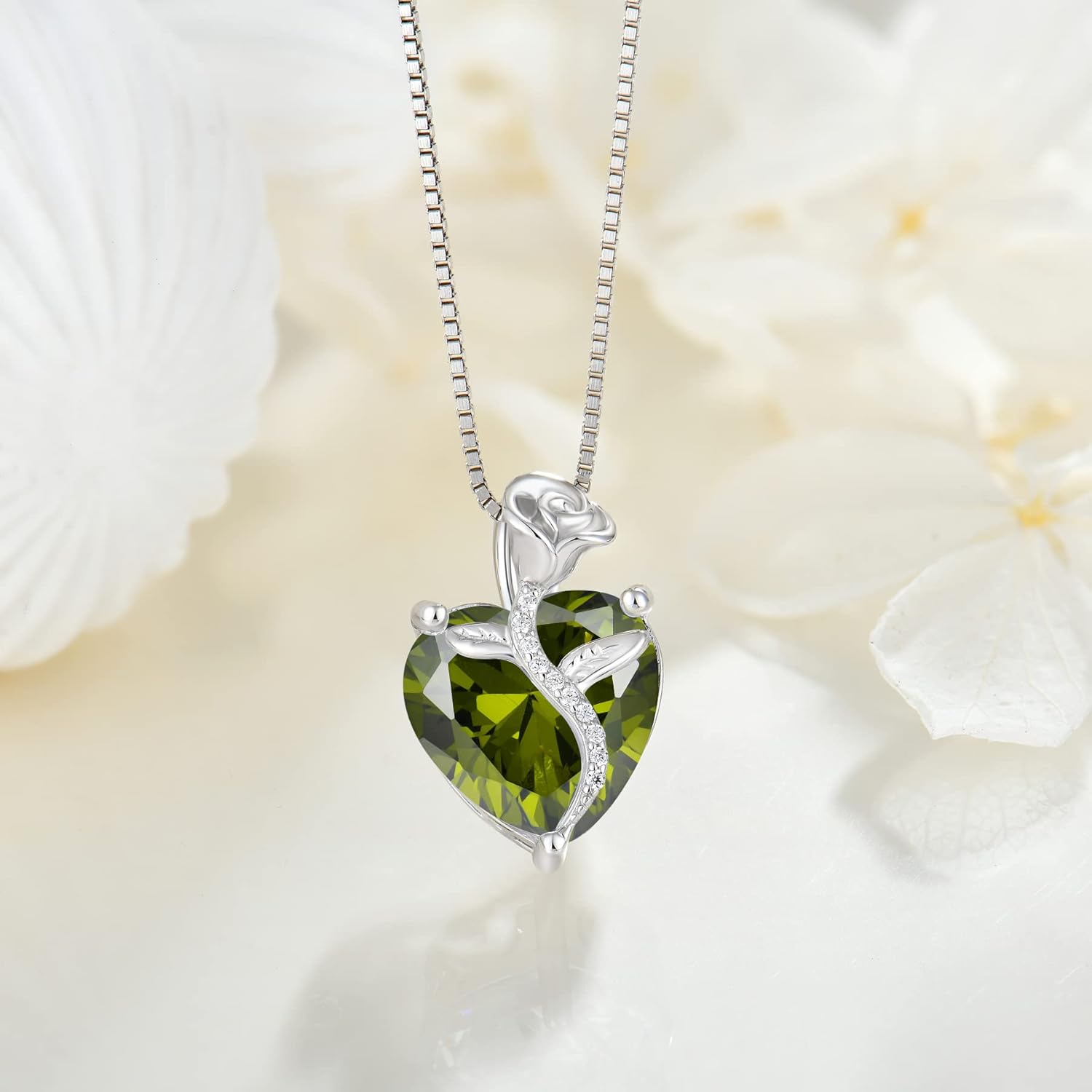 Thumbnail 2 de FJ Herz Kette Damen 925 Sterling Silber Geburtsstein & Rosenblüten-Anhänger