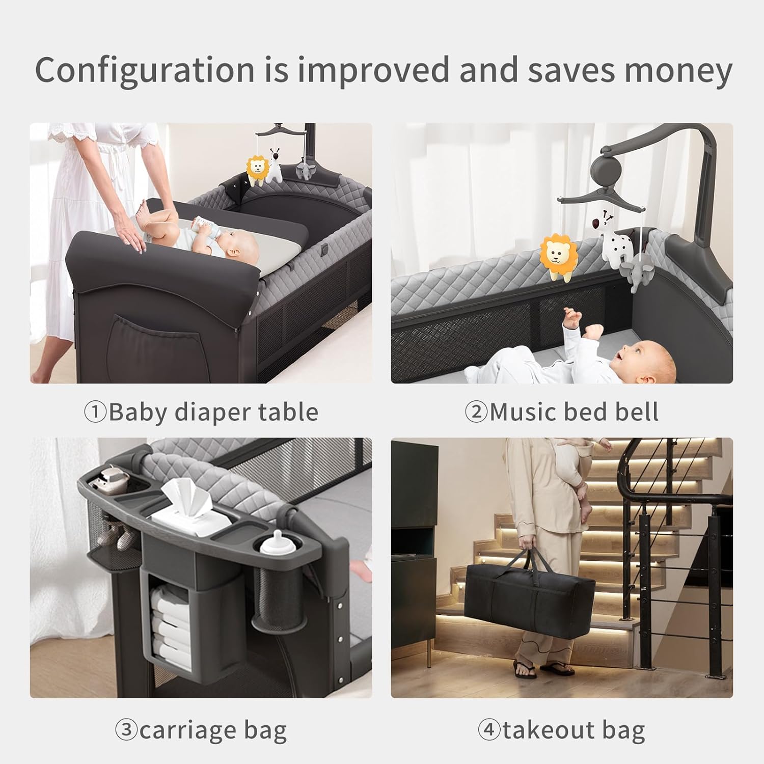 Thumbnail 3 de NidoDulce Portable Travel Cot & Bedside Crib with Mattress, Changing Table & Storage Organiser